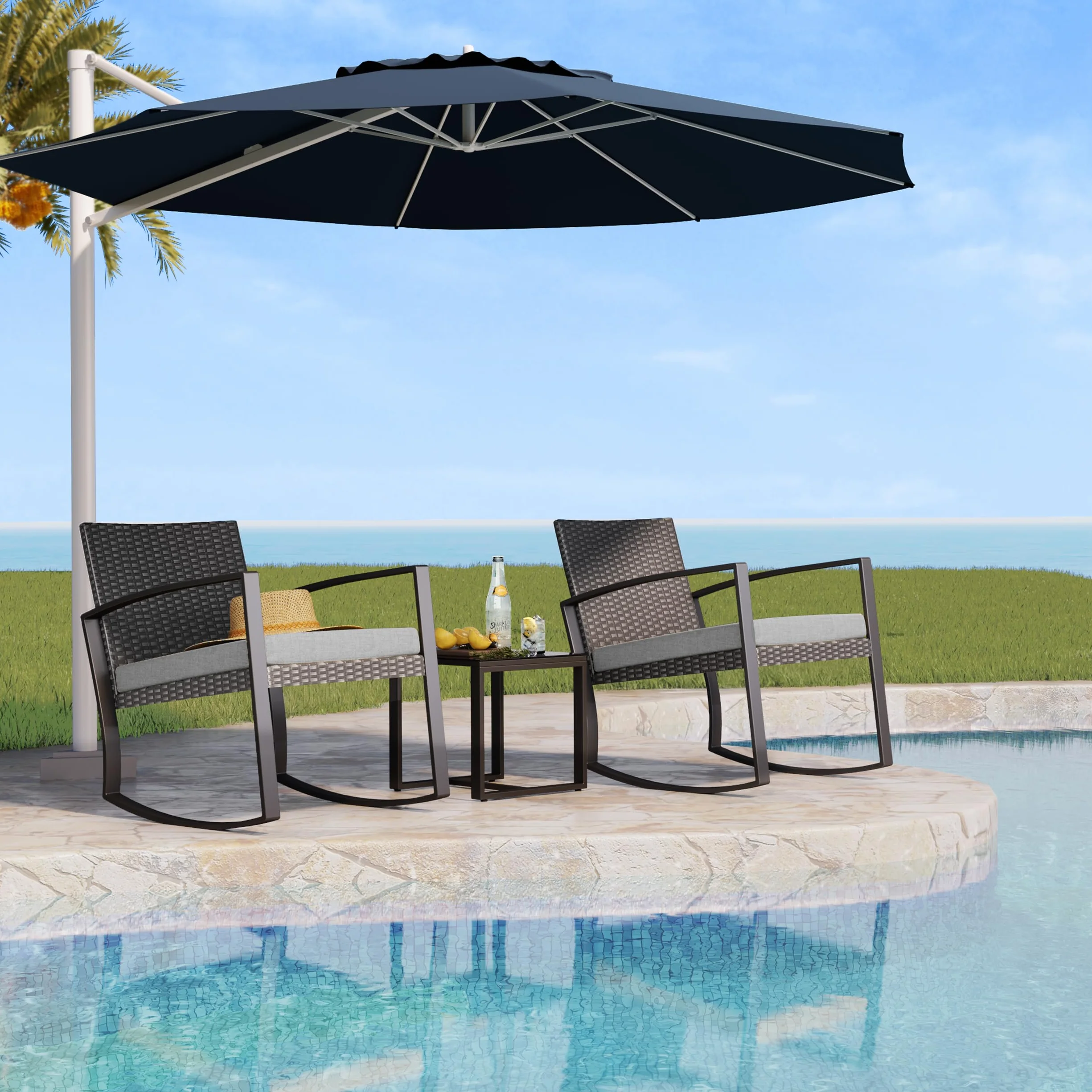 Bealife Ensemble Salon de Jardin 3 pièces Fauteuils à Bascule Table Basse Poly Rotin Coussins Gris