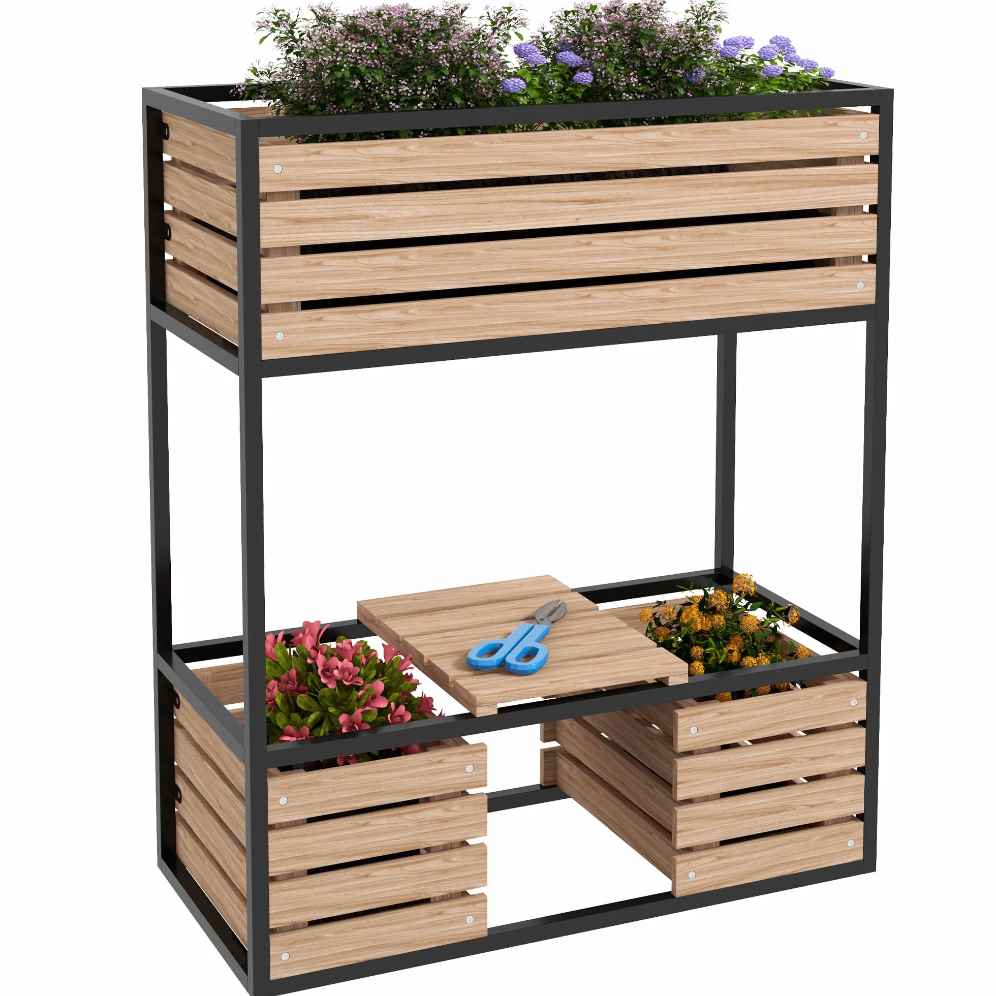 Outsunny Bac à fleurs surélevé en bois 2 niveaux avec étagère 83 x 39 x 100 cm brun clair