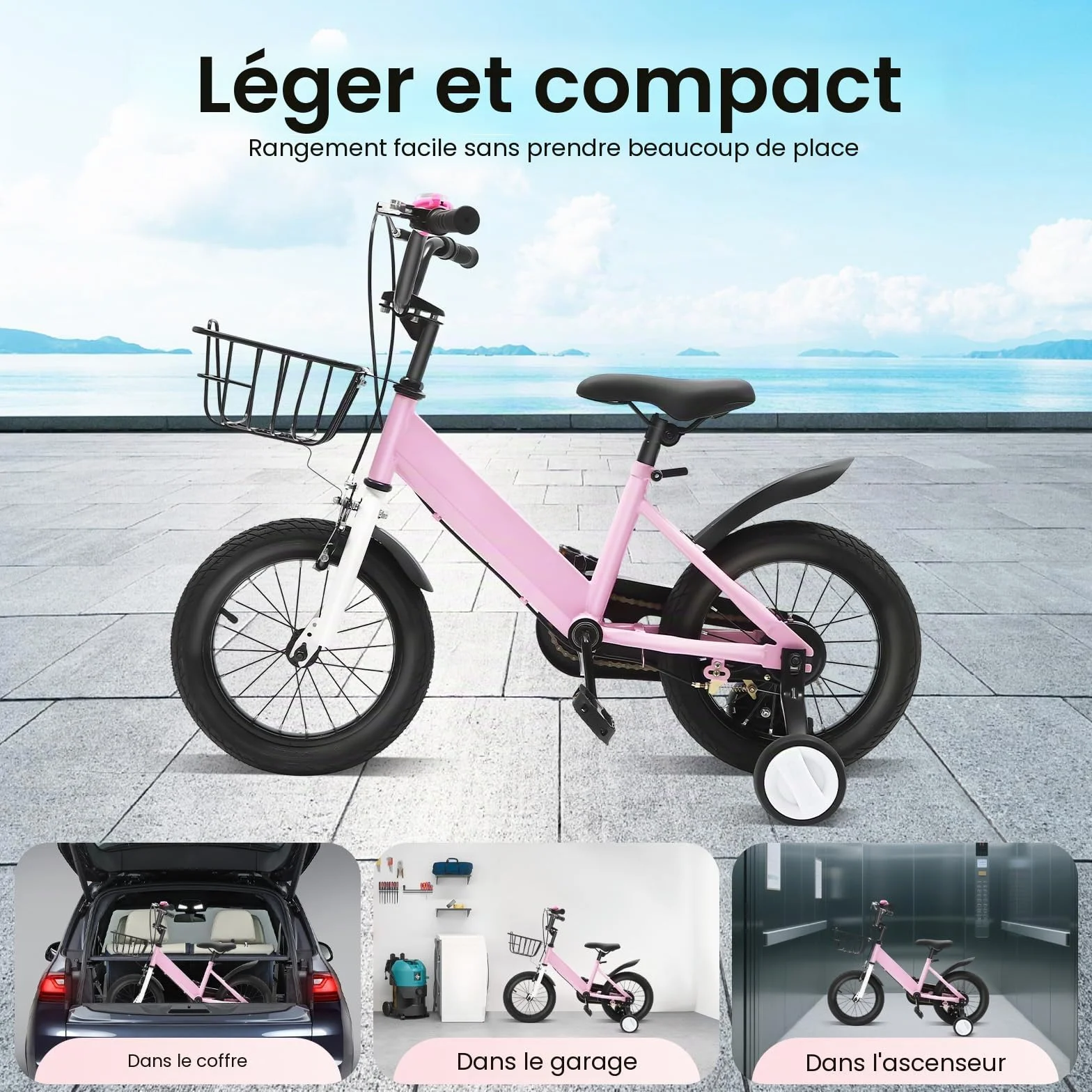 Vélo Enfant de 14 Pouces pour Garçons et Filles à partir de 3 à 7 Ans avec Roues Stabilisatrices et Panier - Hauteur Réglable - Rose