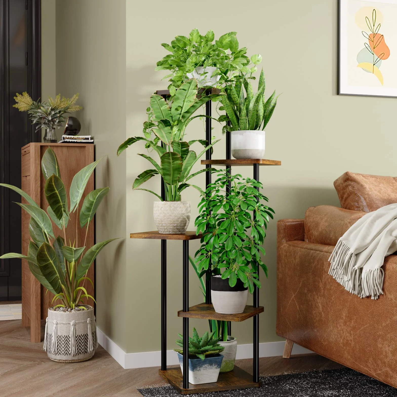 Bamworld Support Plantes Intérieur À 5 Niveaux, Étagère Plante En Métal Brun