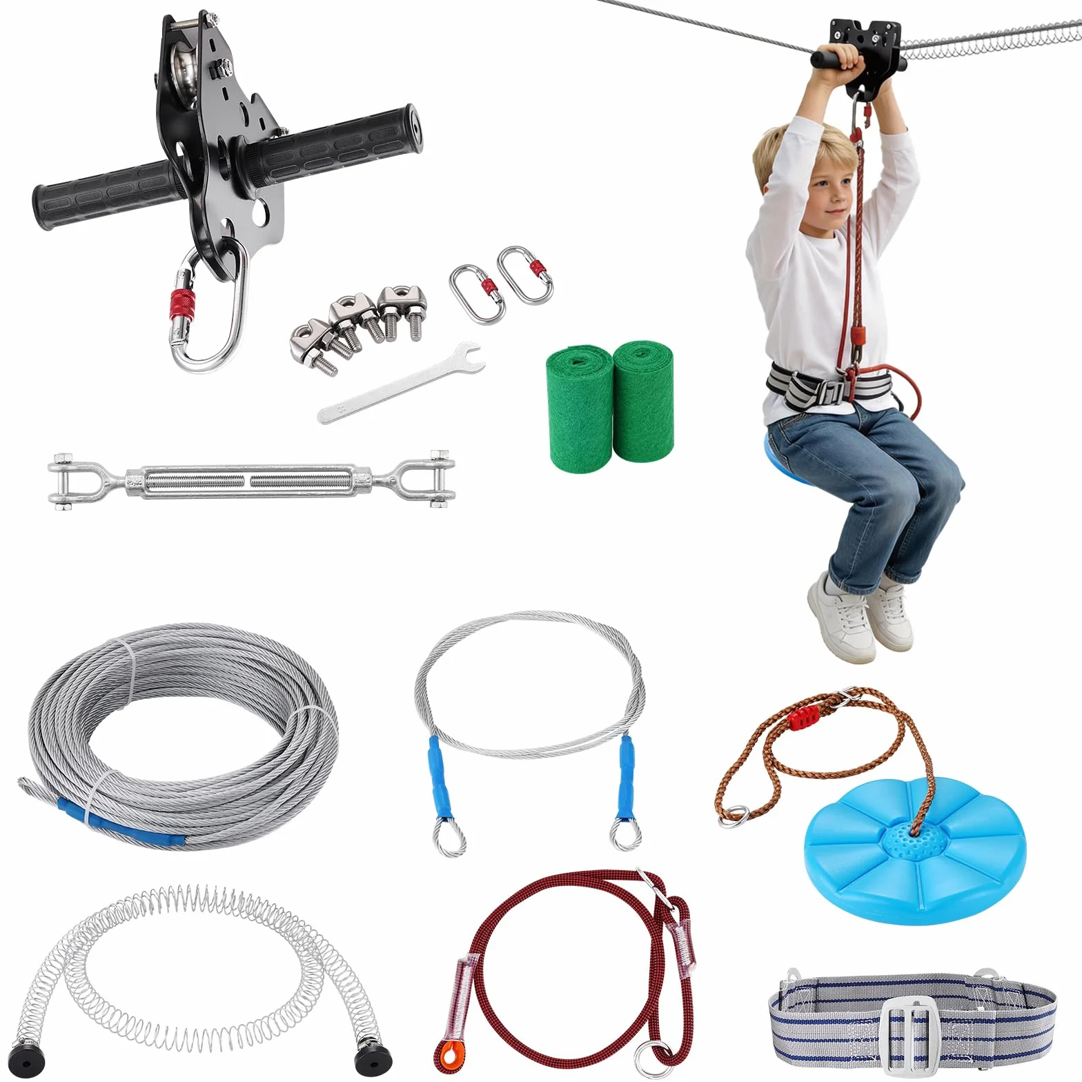 VEVOR Zipline - Kit de tyrolienne Charge jusqu'à 150 kg - avec système de freinage à Ressort amélioré - pour Jardin, extérieur, etc. (Ados Uniquement. Pas pour Adultes)