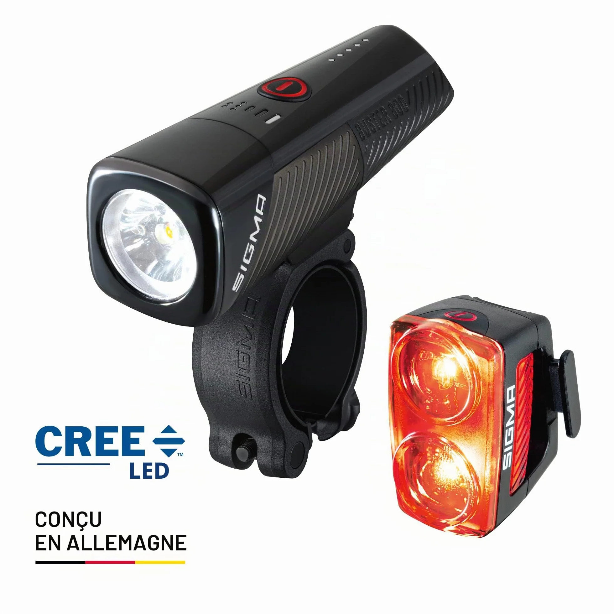 SIGMA Buster 800 / RL 150 | Kit d'éclairage vélo | Avant avec 5 Modes d'éclairage | Arrière avec Fonction feu Stop | Lampe vélo à LED puissante avec Une visibilité de 170m jusqu'à 30 Heures