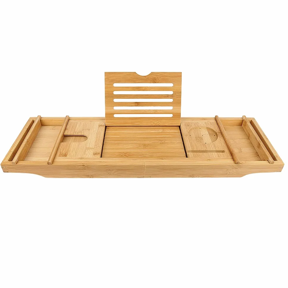 Plateau de Bain en Bambou Extensible 75-109cm avec Rangement et Porte-Savon