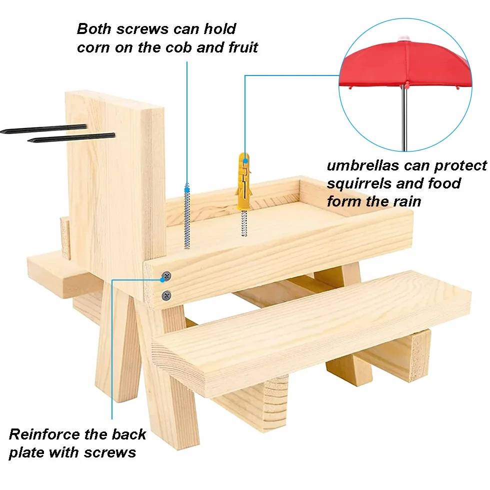 Mangeoire en Bois pour Écureuil avec Parapluie et Porte-Maïs - Station d'Alimentation Extérieure (Charbon de Bois)