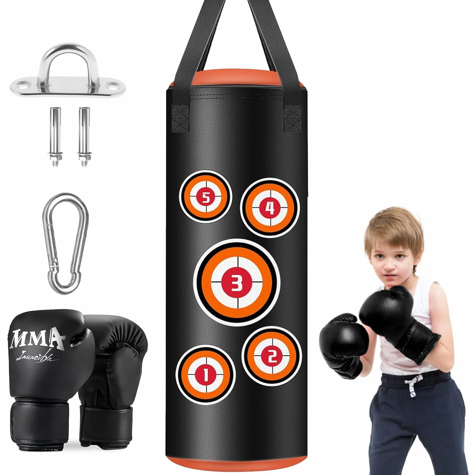 Sac de Frappe Enfant, Set de Sacs de Boxe Suspendus avec Gants, Chaînes et Crochets de Fixation, Sac de Frappe en Cuir Microfibre pour l'entraînement Kickboxing Fitness MMA Grappling Muay Thai Karaté
