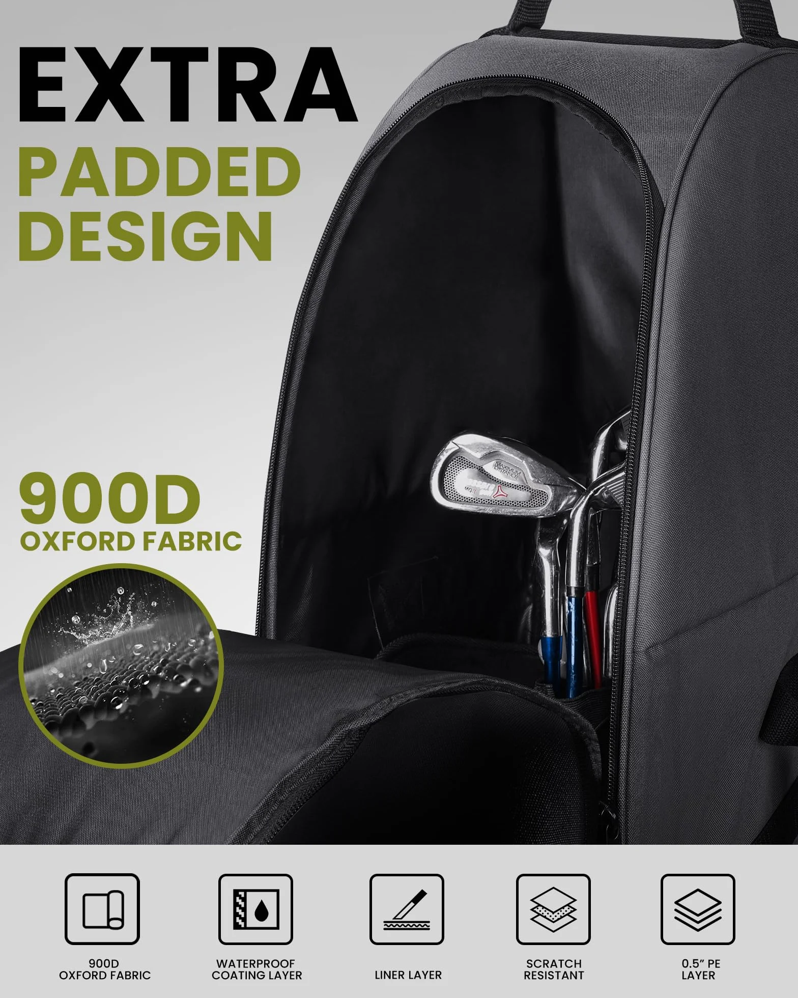 OutdoorMaster Sac de Voyage rembourré avec Roues renforcées, Oxford 900D très résistant à l'usure et imperméable, Sac de Golf Souple