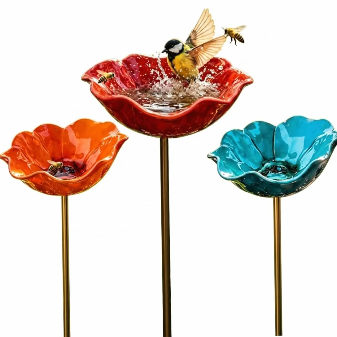 Bains d'oiseaux métal 3 pièces, Mangeoire multifonctionnelle extérieur Bleu Orange Rouge