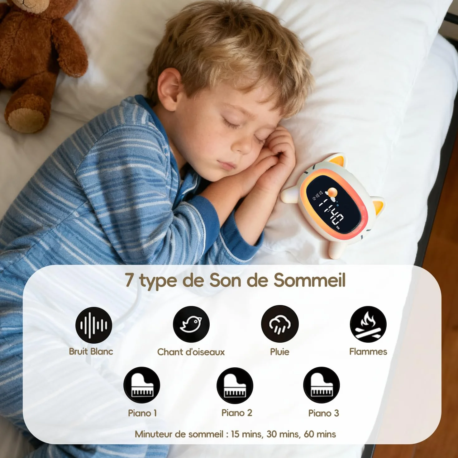 Réveil Enfant éducatif Jour/Nuit avec 2 Réveils Alarmes - Mode Weed-End - Veilleuse - Son de Sommeil - Rechargeable