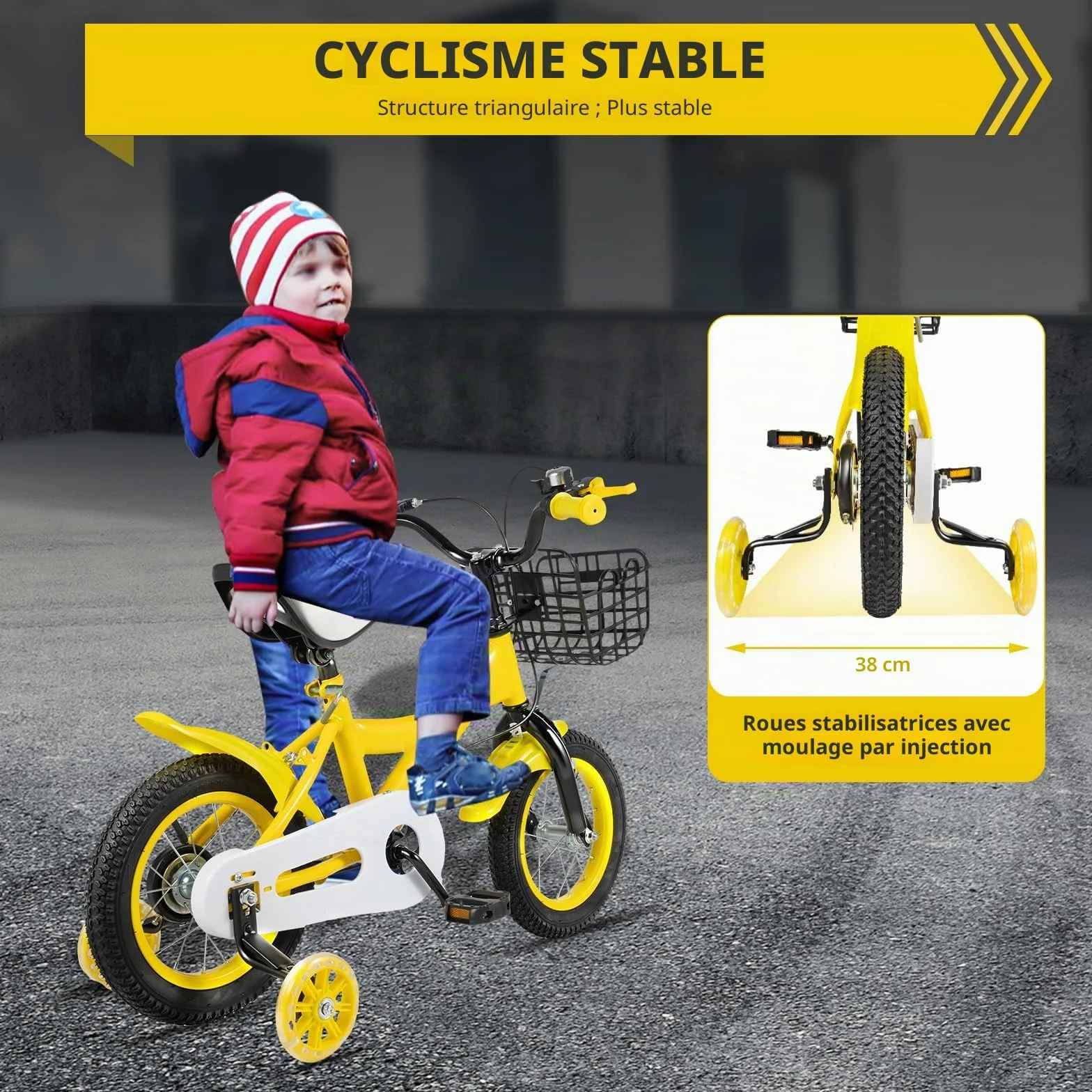 Vélo Enfant 12 Pouces Jaune pour garçons et Filles à partir de 2 à 5 Ans avec Roues stabilisatrices Selle réglable en Hauteur Guidon Panier Porte-Bouteille Double Frein Acier vélo Enfant vélo