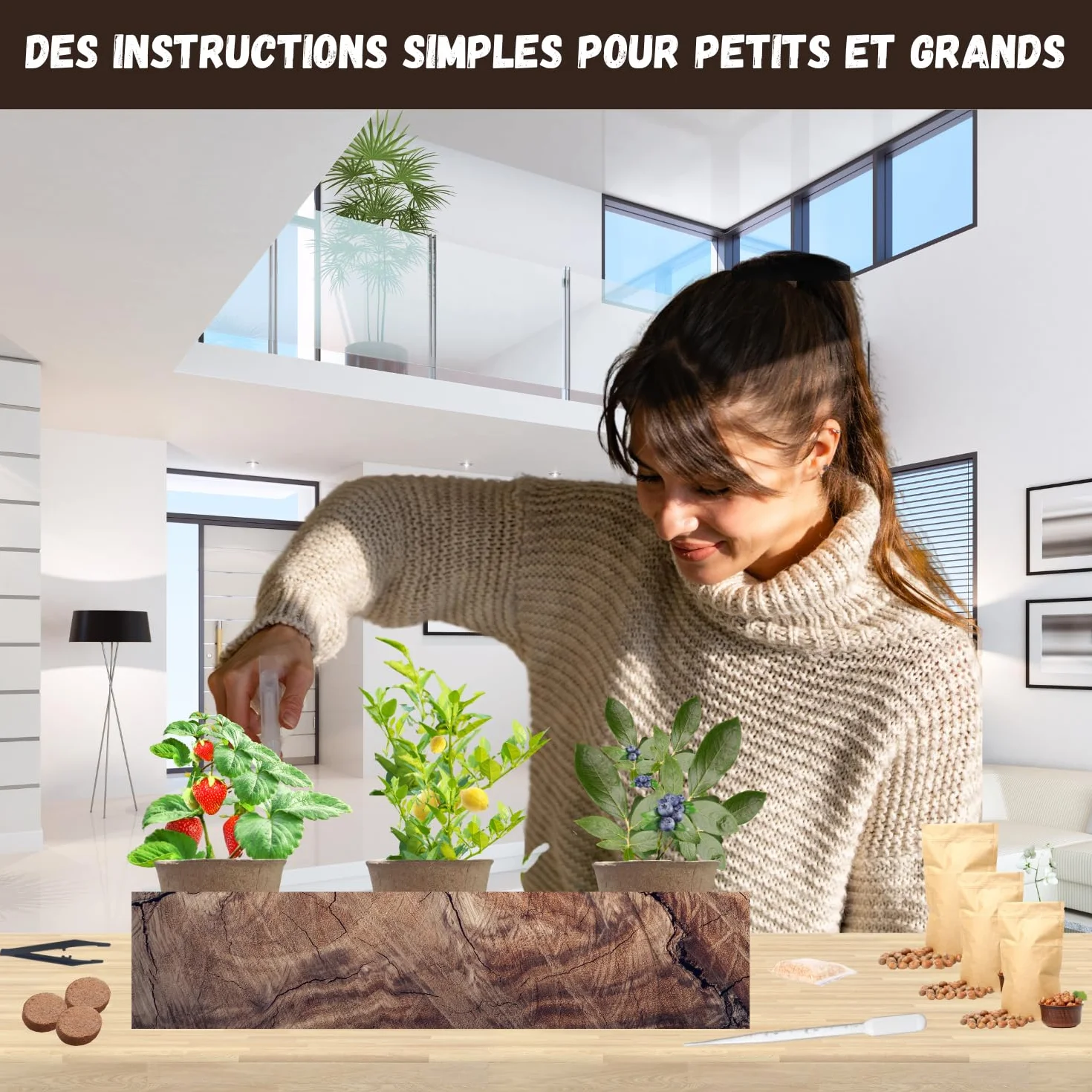 Kit Mini Fruitiers Prêt à Pousser Fraise Myrtille Mini Citronnier Graines Bio Jardin Intérieur Extérieur