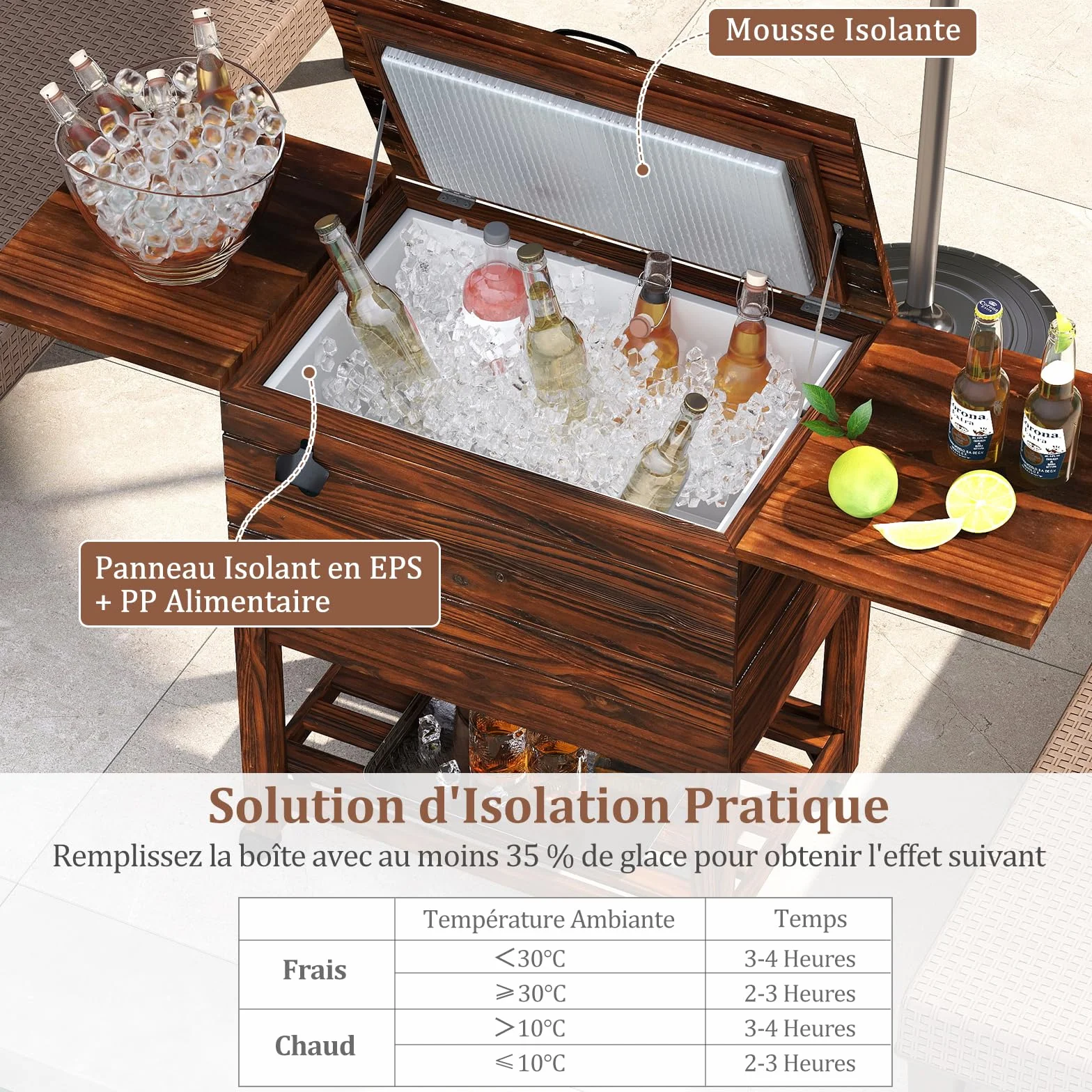 GOPLUS Desserte Glacière Bar Roulante Chariot Jardin 50 L 127 x 42,5 x 74 cm