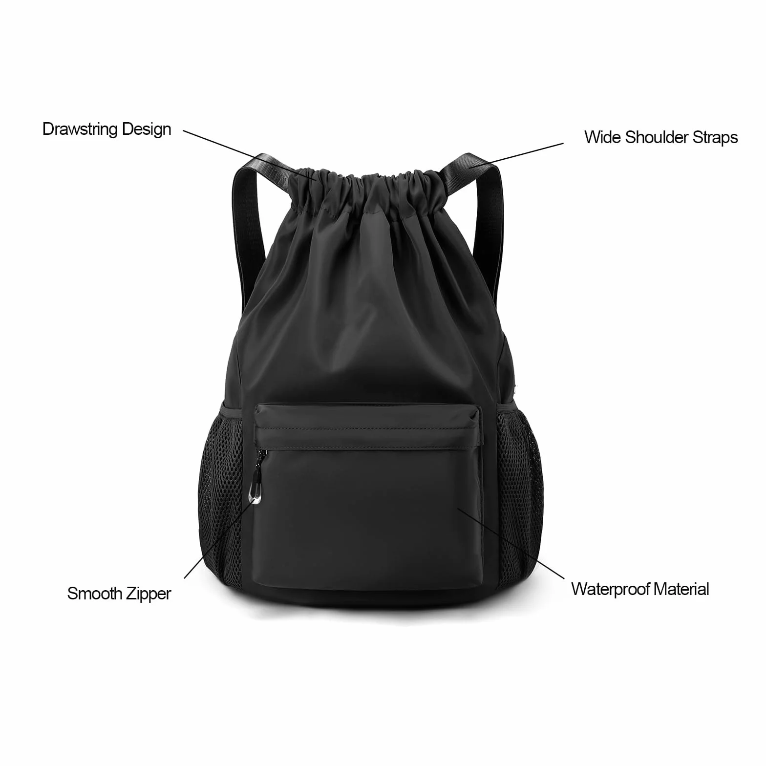 Sac à Dos à Cordon, Sac à Cordon Lmperméable Large Bandoulière de Gym Avec Poche Lntérieure Et Poche De Sécurité avec Poche Avant Et Arrière Zippée, pour Unisexe le Fitness, Les Voyages (noir)