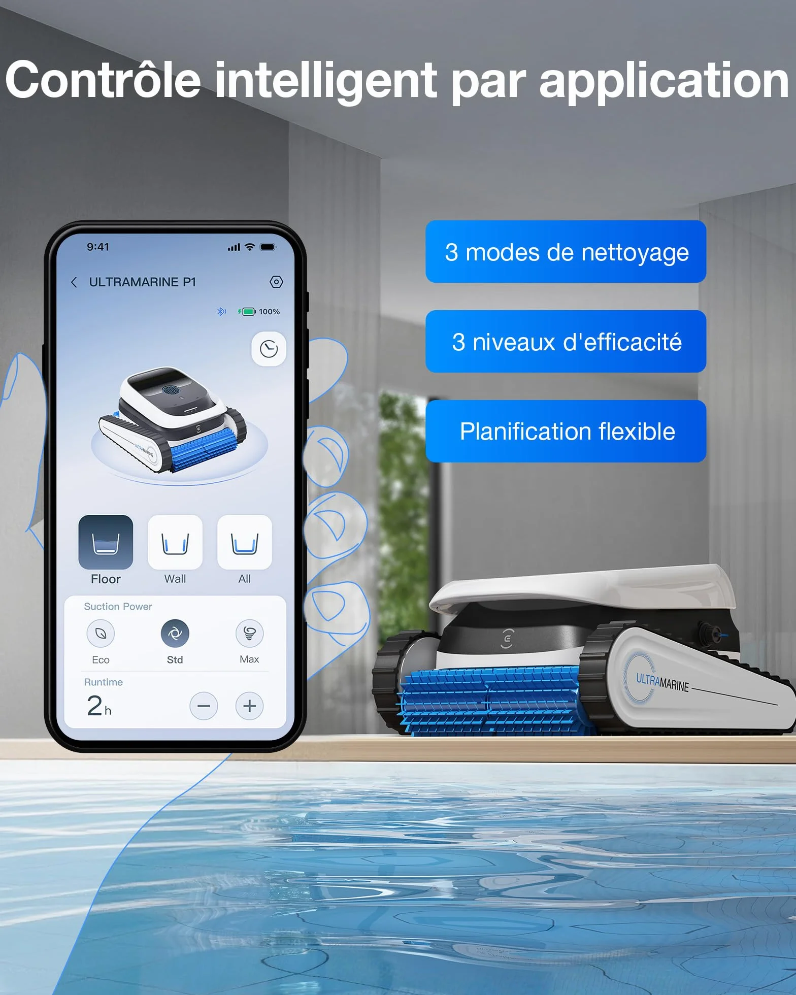 ECOVACS Ultramarine P1 Robot Piscine Nettoyage Fond et Parois, Aspirateur Piscine 180 Min, 180 m², 300 L/Min, Application, Filtre Double Couche, Navigation SmartNavi