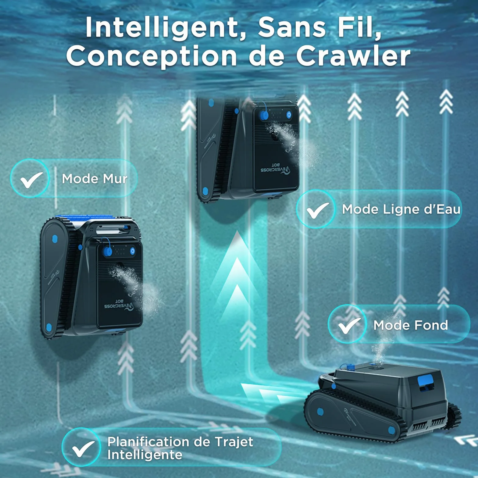 Robot Piscine Fond et Parois sans Fil 120 Min Autonomie 200㎡ Navigation Intelligente