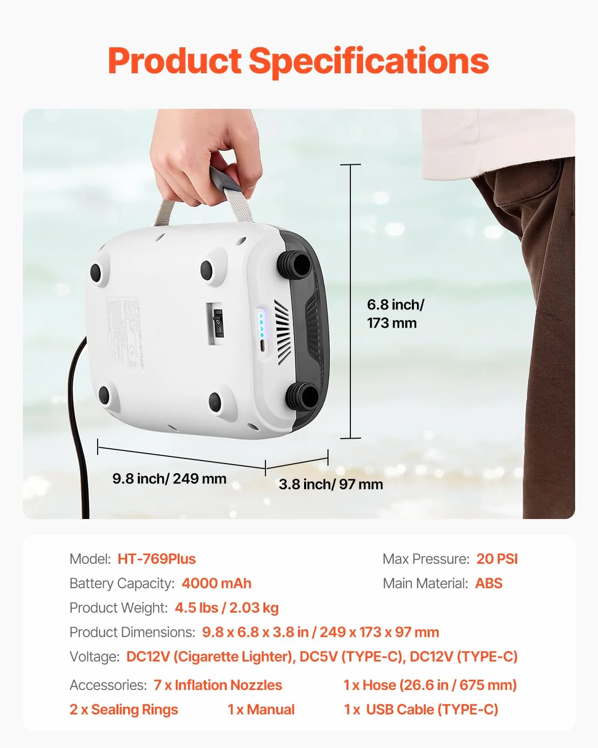 VEVOR Pompe à Air Électrique pour Paddle 20 psi, Gonfleur pour SUP Rechargeable Alimenté par Batterie et Connecteur Allume-Cigare, Gonflage et Dégonflage à Deux Étages, Arrêt Automatique, pour Matelas