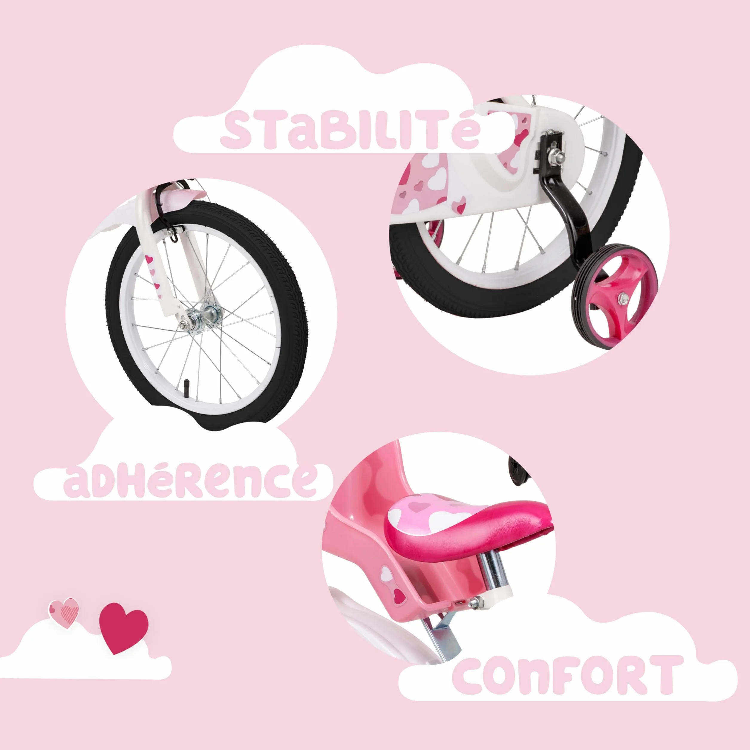 Baroni Toys Bicyclette pour Filles, Rose avec cœurs, vélo Design avec Porte-Bagages et Roues incluses, Bicyclette en Acier avec Panier pour Filles, Rose, cœurs, Taille 12", 14" et 16"