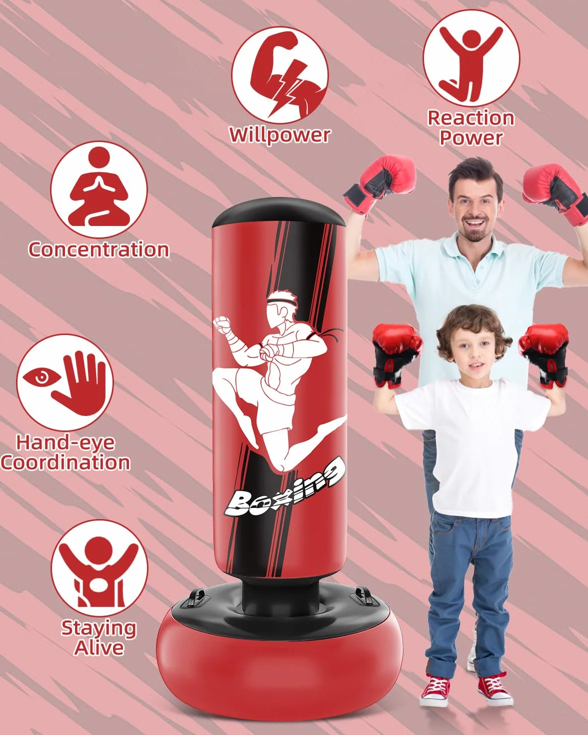 Sac de Frappe 165cm Gonflable pour Enfants avec Gants de Sac de Boxe Enfants pour la Pratique du MMA, du Karaté, du Taekwondo et pour soulager l'énergie de la Pentecôte