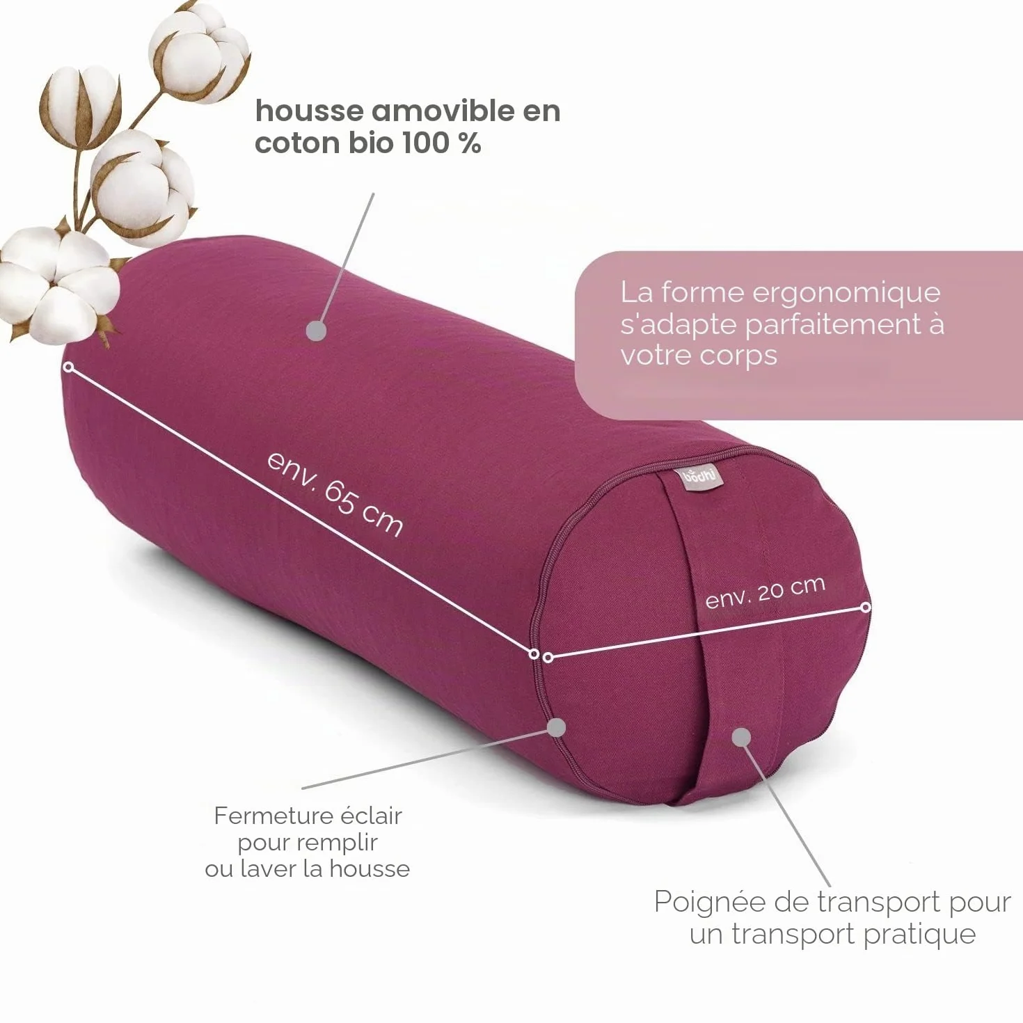 Bodhi Bolster de Yoga ECO | 100% Coton Biologique | Rouleau de Yoga Remplissage épeautre Biologique | Housse Lavable | Coussin de Yoga Rond | Dimensions 65 x 22 cm