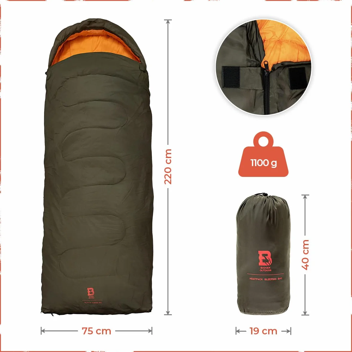 Badger Outdoor Nightpack Sac de couchage de camping 220 x 75 cm | Ultra léger 1100 g Sac de couchage avec capuche | Matelas isolant pour trekking extérieur 3 saisons | Jusqu'à -4 °C