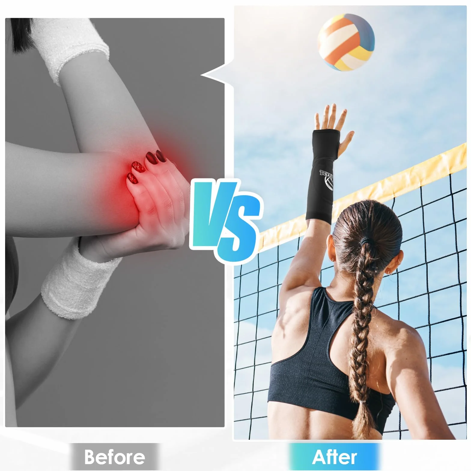 CIATBYYJ Manchons de bras de volley-ball avec coussinets de protection en mousse et trou pour le pouce - Manchon rembourré pour avant-bras - Pour enfants et jeunes - 1 paire