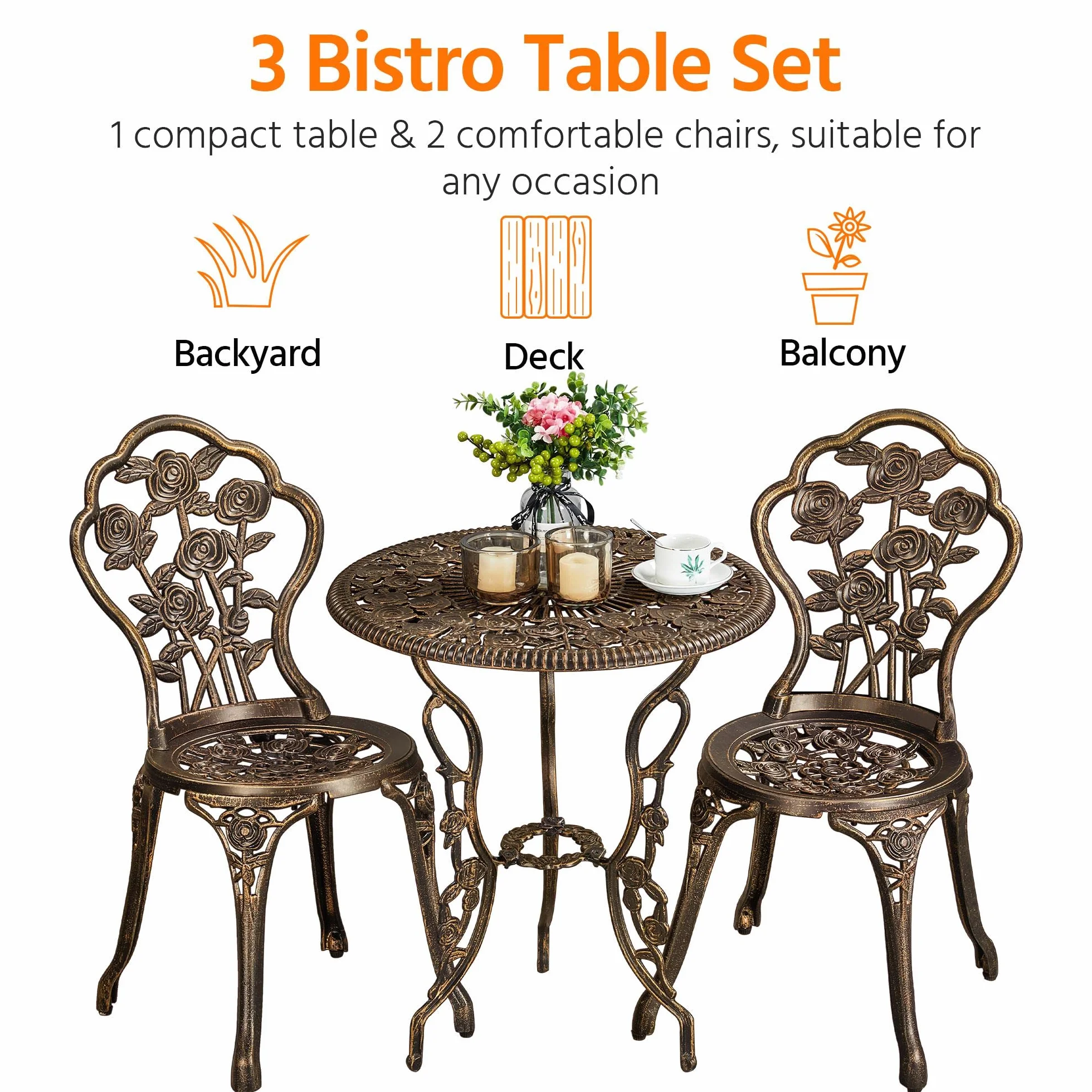 Yaheetech Ensemble de Table et Chaise Salon de Jardin Balcon Kit de Bistro 2 Chaises 1 Table en Alliage Aluminium Bronze