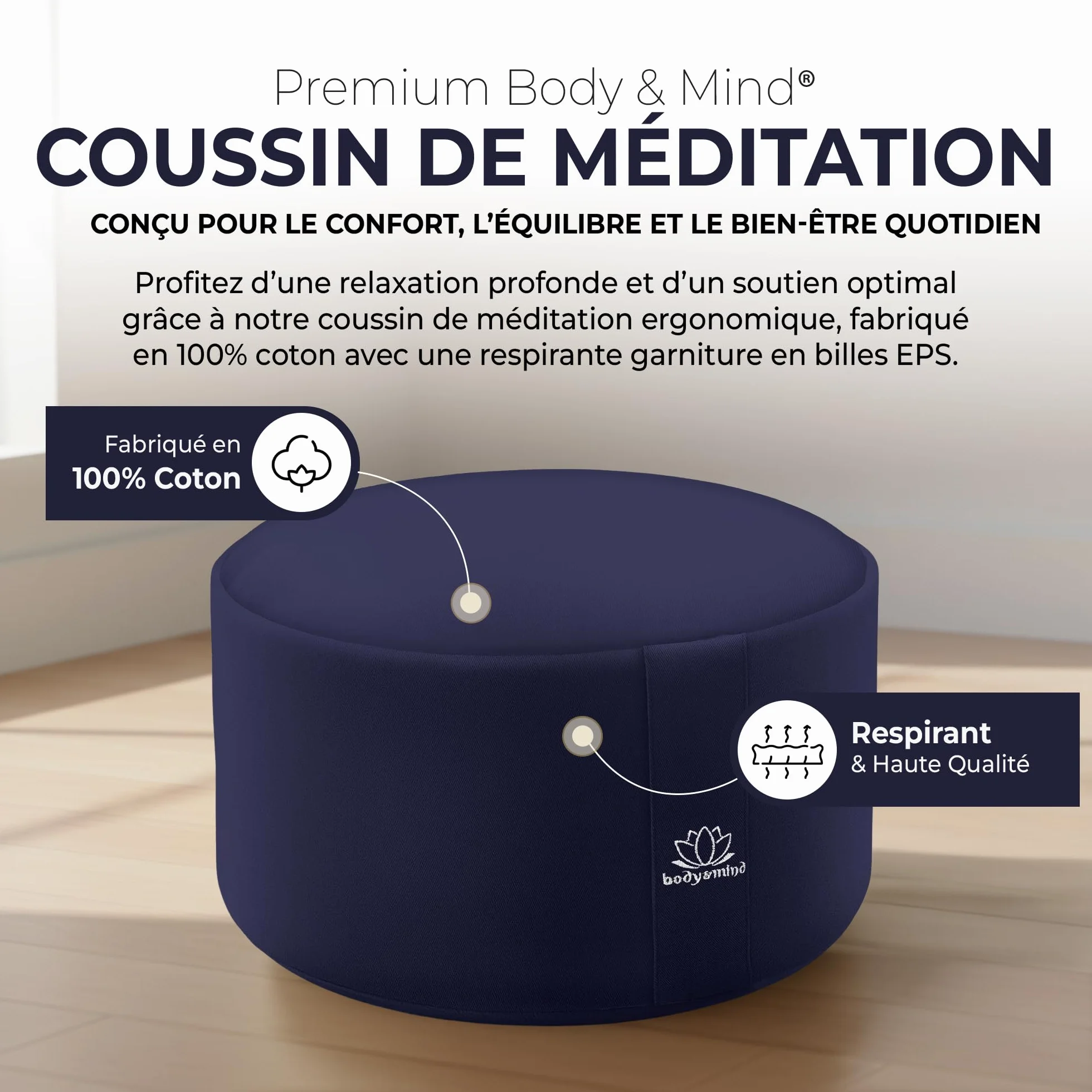 Body & Mind® Coussin de Yoga Coussin de Sol pour la méditation et Le Yoga ; Housse Lavable et Rembourrage Respirant de qualité supérieure ; Hauteur d'assise 19 cm