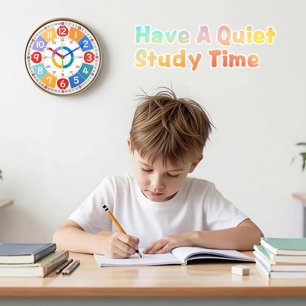 Vicloon Horloge Murale Enfants 30cm Apprentissage sans Tic-Tac Analogique Lire L'heure