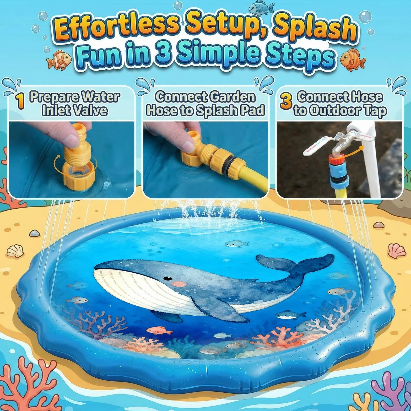 Tapis Jet d'Eau 170cm avec 3 Hauteurs Réglables - Splash Pad Baleine et Vie Marine PVC 0.25mm pour Enfants et Chiens