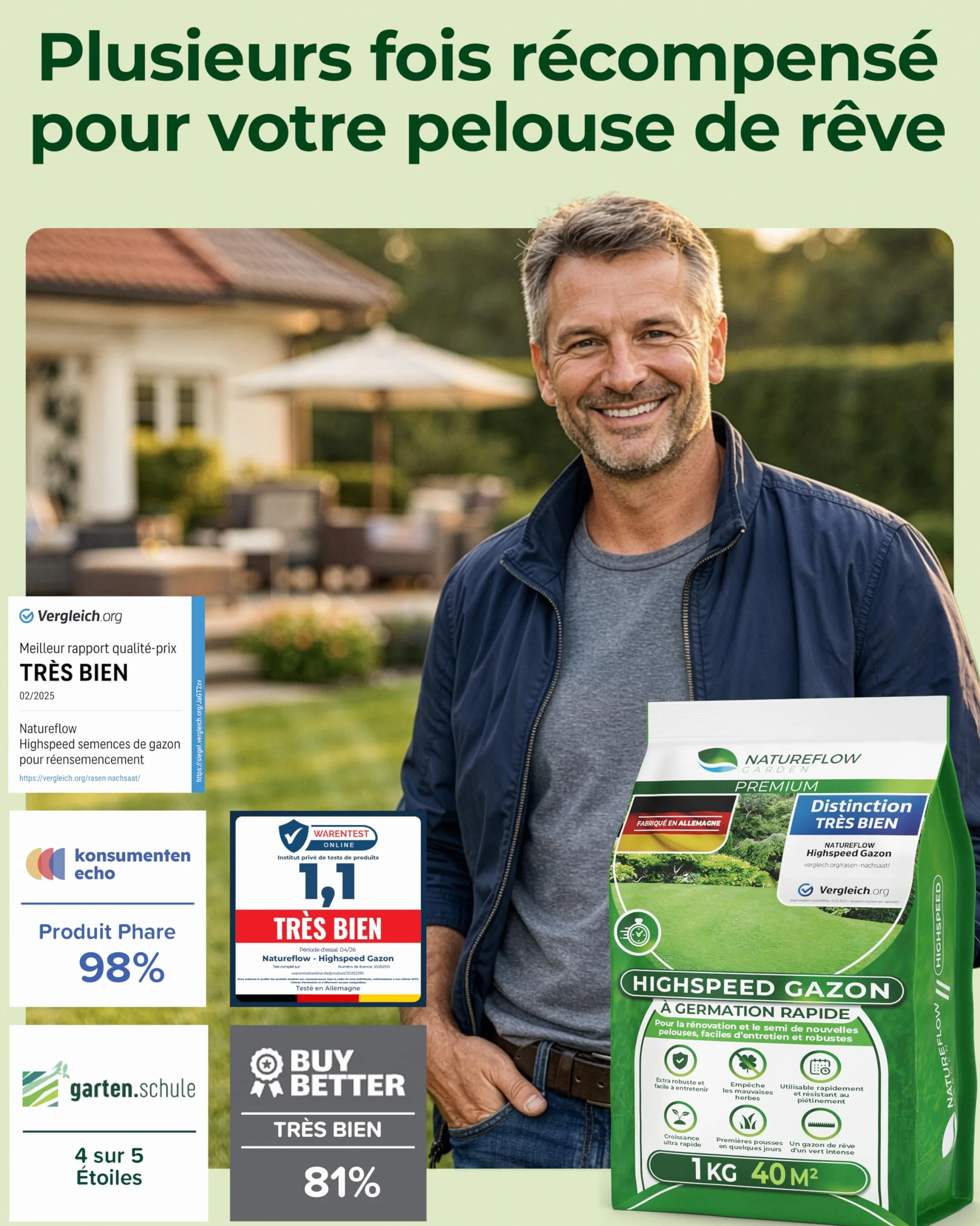 Gazon Regarnissage Rapide 1kg 40m2 Fabriqué en Allemagne Résistant Autoréparation Naturelle