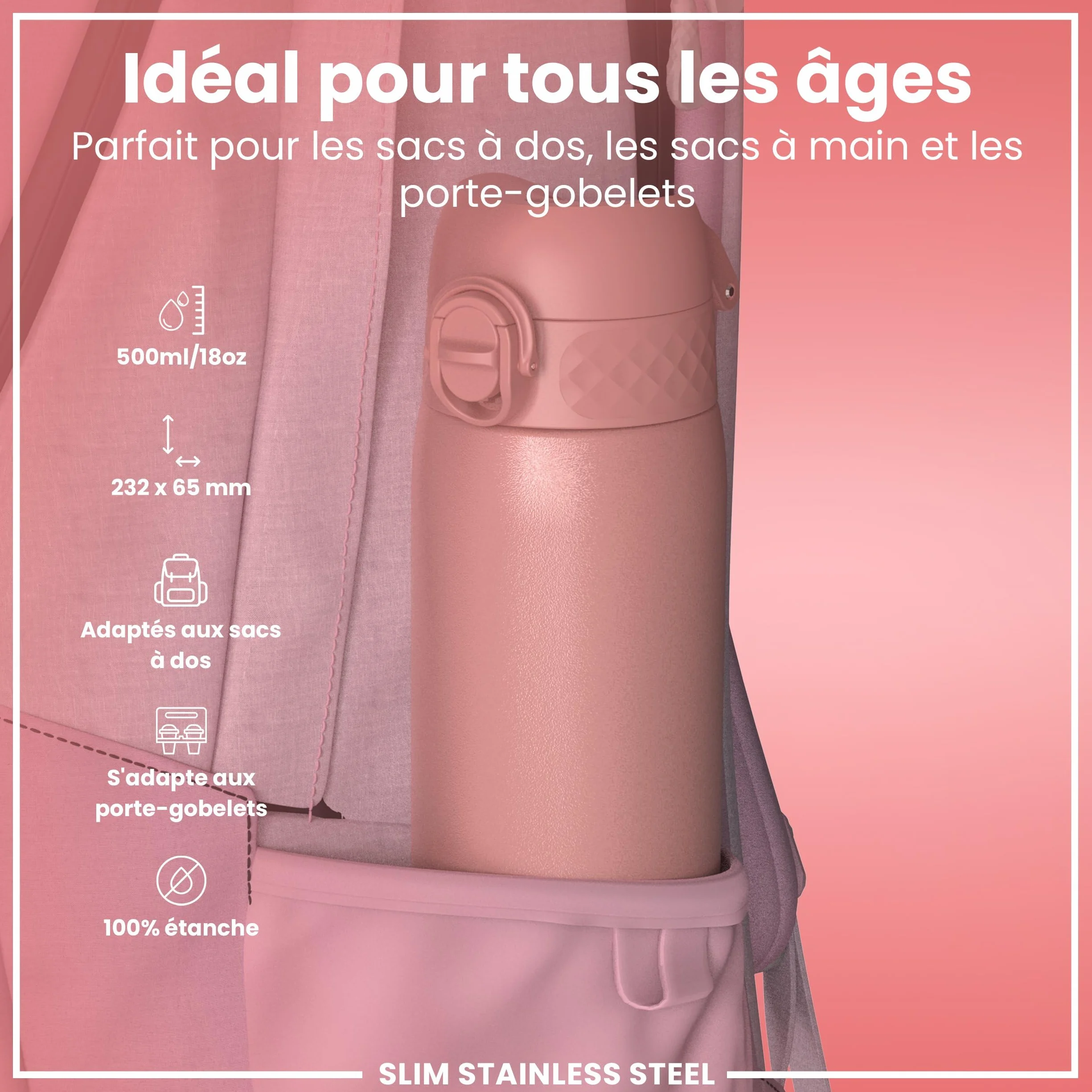 Ion8 Gourde Inox Léger, 600ml, Non Isolé, Anti-Fuite, Facile à Ouvrir, Verrouillage Sécurisé, Lavable au Lave-Vaisselle, Poignée de Transport, Durable, Acier Inoxydable, Rose Cendré