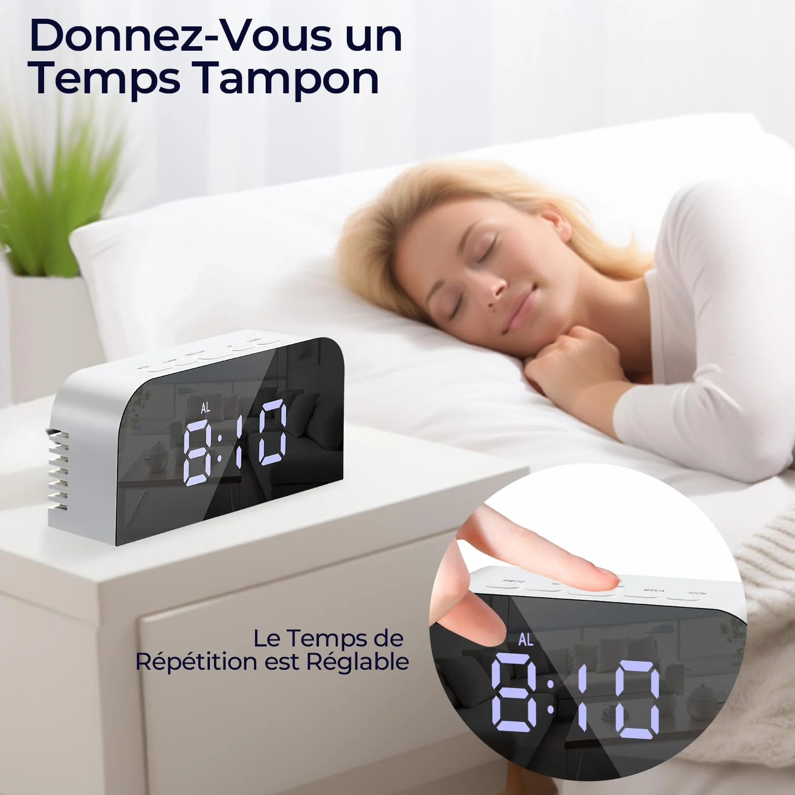 Vinabo Réveil de Chevet numérique avec 2 Ports USB, Radio-réveil Moderne, Horloge de Table 2 Niveaux de luminosité