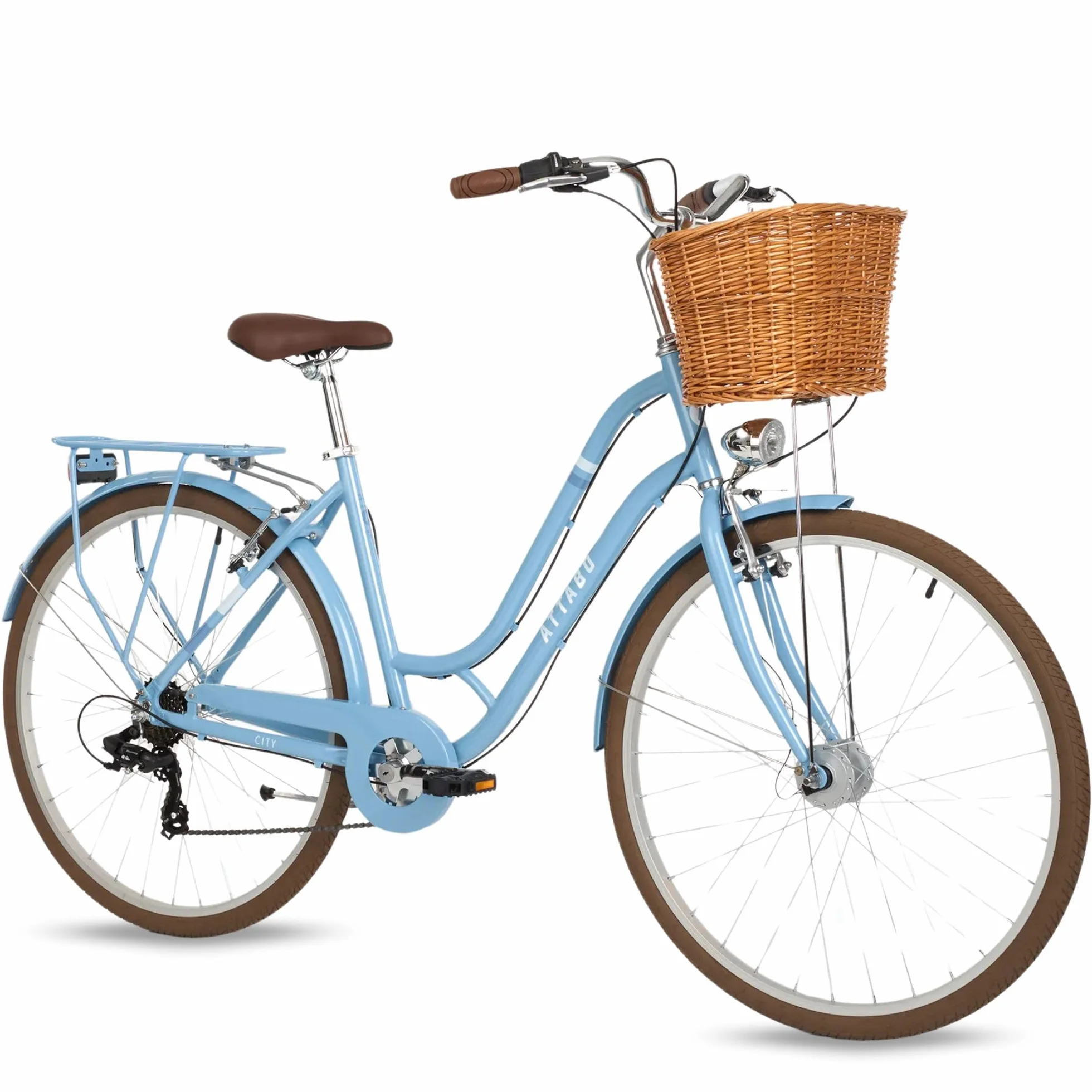 ATTABO City 26" - Vélo de ville pour jeune, Shimano 7 vitesses, avec panier, garde-boue, porte-bagages et lumière LED