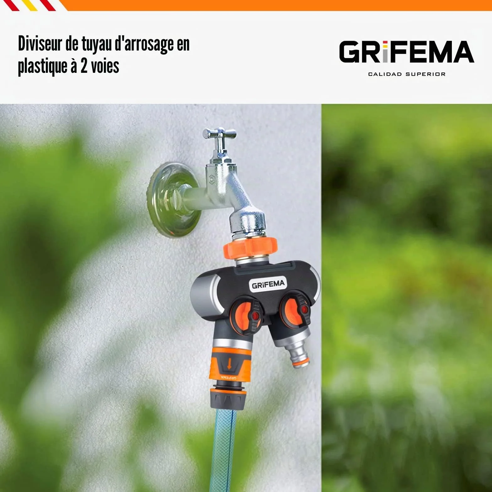 GRIFEMA GE1401-2 Distributeur Arrosage 2 Voies Diviseur de Tuyau avec Interrupteur de Commande Orange/Noir
