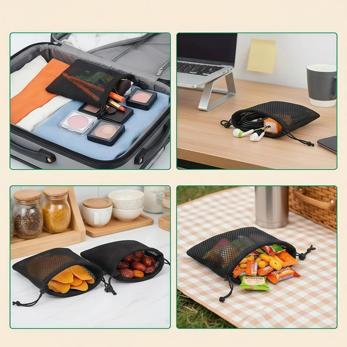 Lot de 6 petits sacs de rangement en maille de nylon noir avec cordon de serrage pour mini affaires, téléphone portable, MP3, cosmétiques - 10 x 15 cm