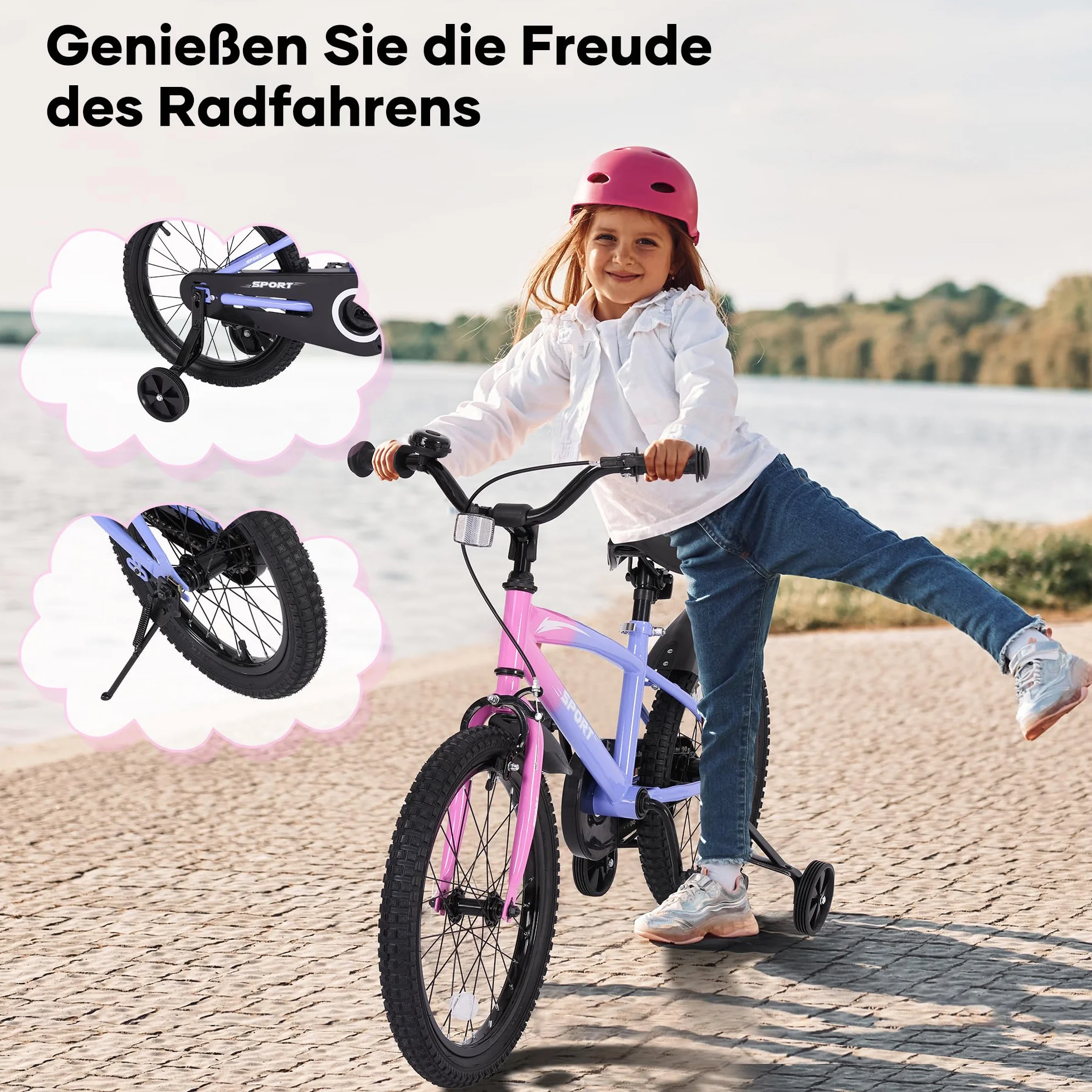 BODIOO Vélo enfant 16 pouces pour garçons et filles avec siège réglable, roues stabilisatrices, frein à main, frein à rétropédalage et cadre stable pour conducteurs de 104 à 117 cm (dégradé de violet)