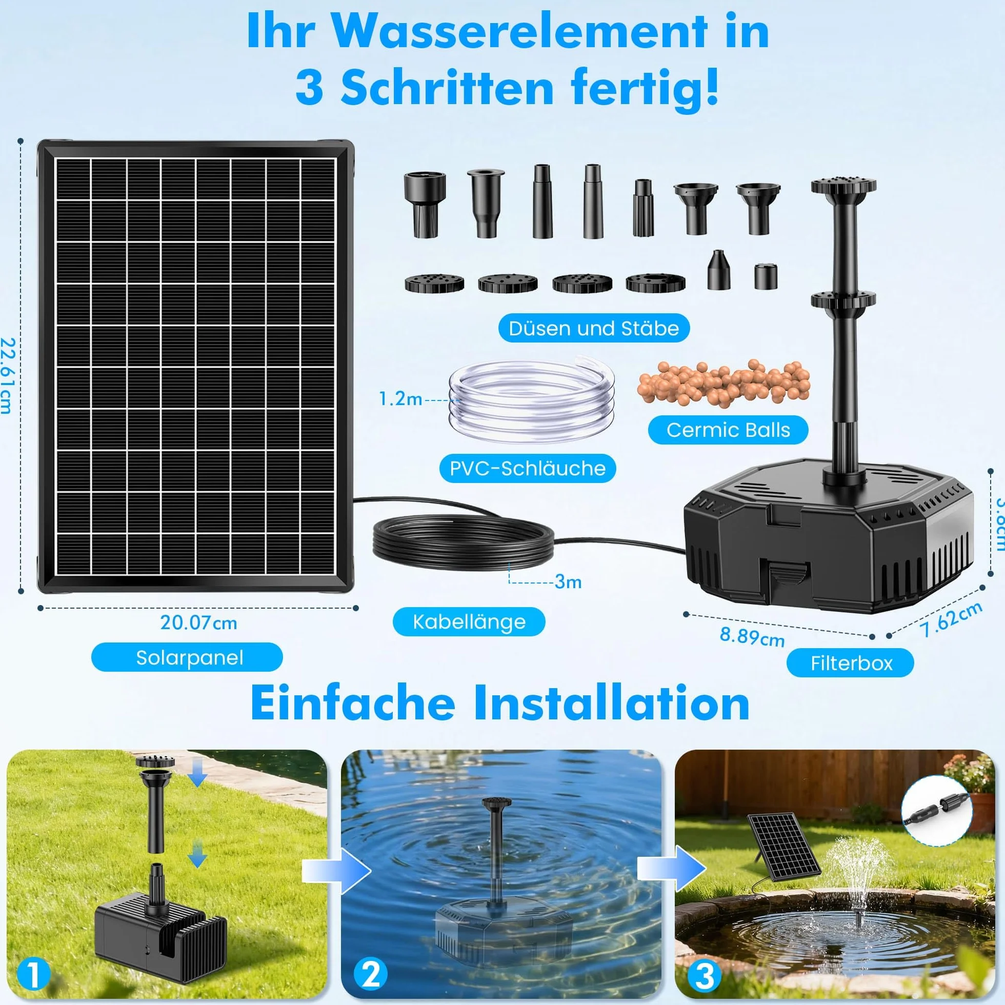 Pompe Solaire pour Bassin 6,5 W avec Batterie et 10 Buses, Filtre jusqu'à 500 L