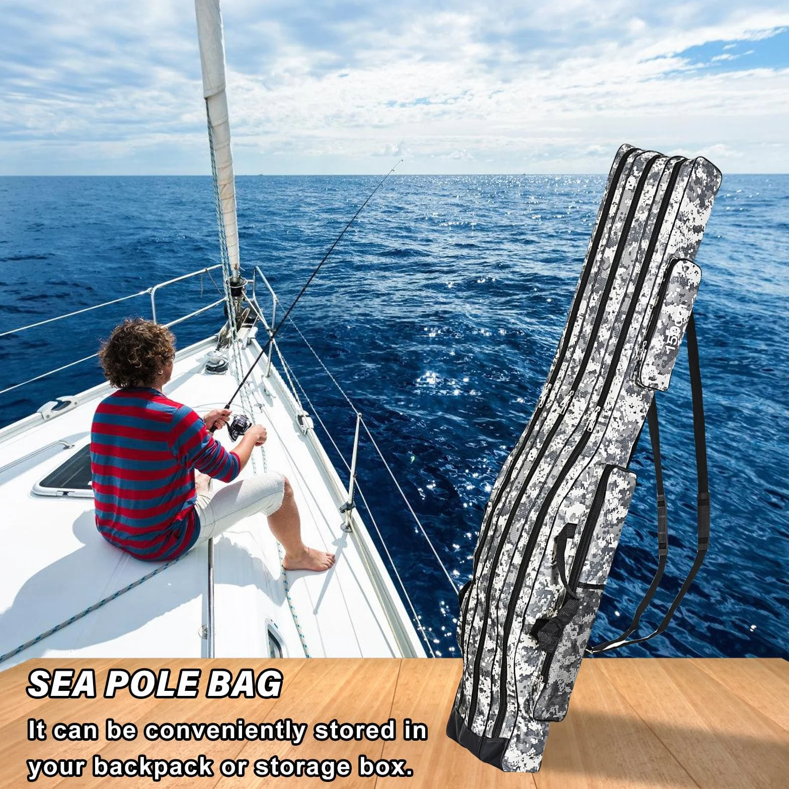 Sac de pêche 3 couches 150cm, Housse canne à pêche pliable camouflage, Accessoires pêche portable
