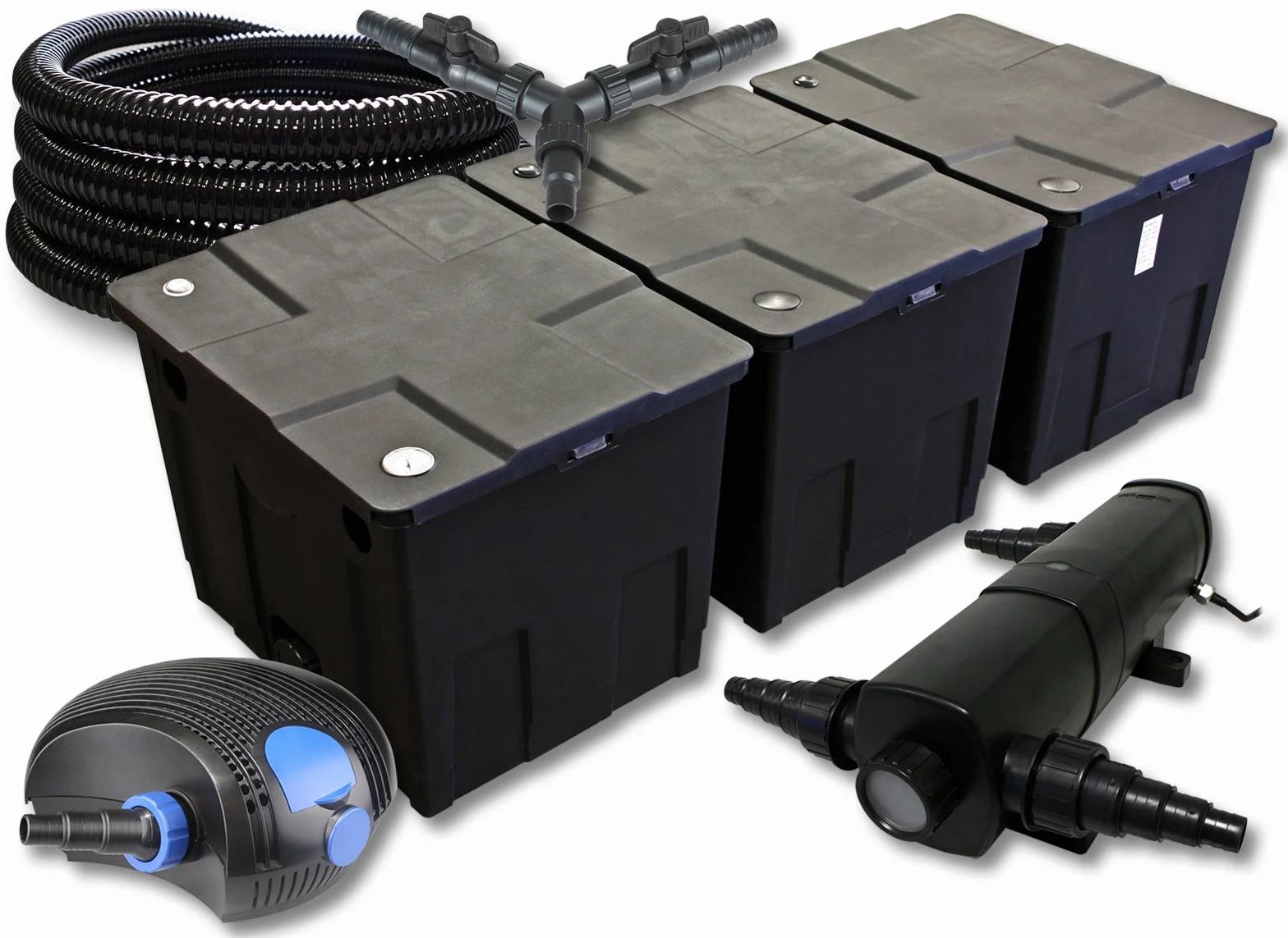 SunSun Kit complet CBF-350C Filtre de bassin 90000 L Biologique CTF-12000 pompe 12000l/h 100W CUV-218 lampe UVC 18W 25m Tuyau 25 mm Y-distributeur
