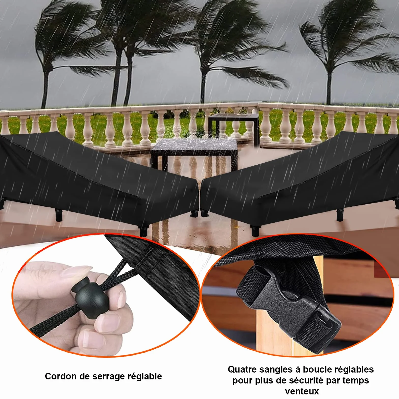 Housse de Chaise Longue de Jardin 2 pcs Imperméable Anti-UV Tissu Oxford 210D Noir 200x75x40/70cm