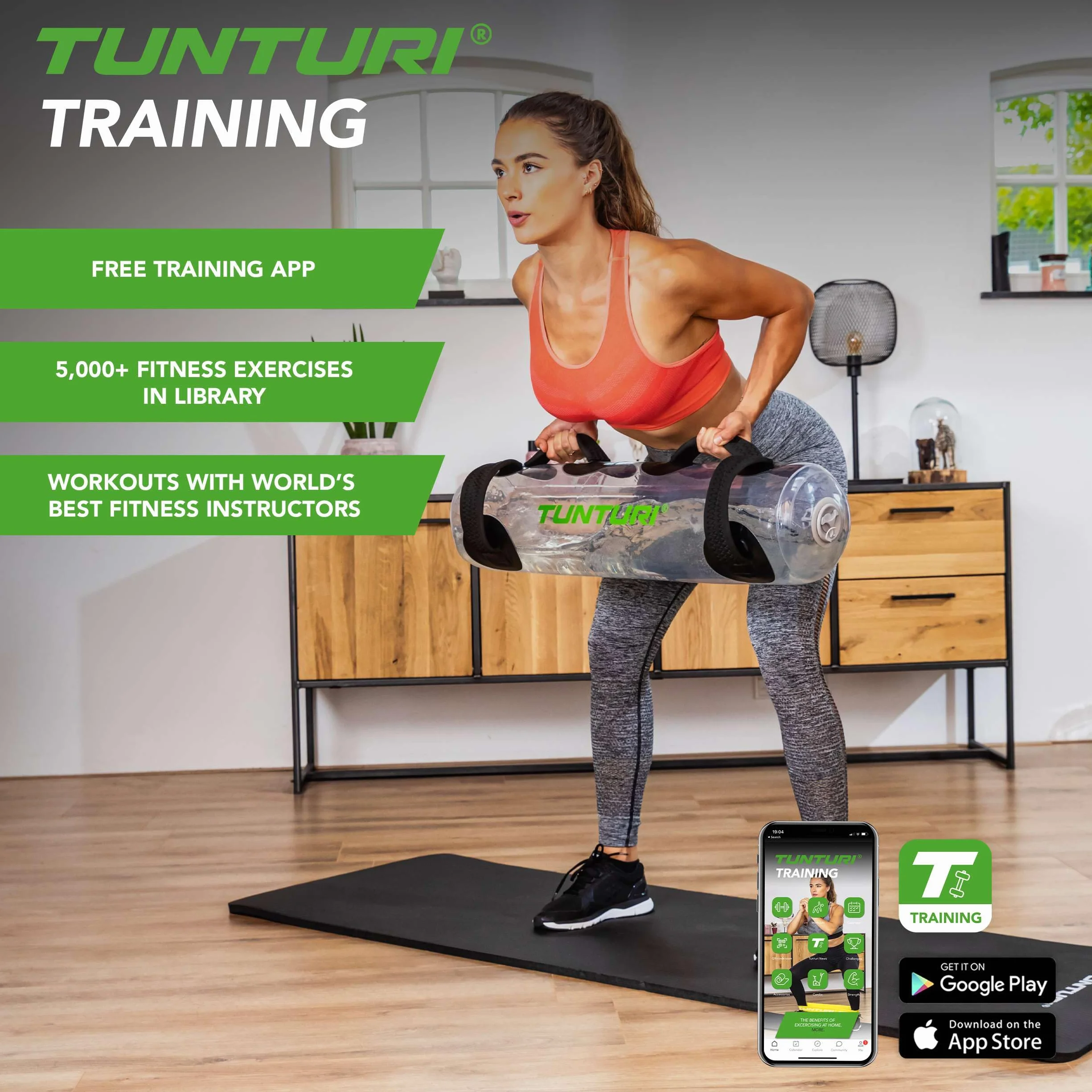 Tunturi Powerbag 20kg - Sac de Sable d'entraînement de Force - Aquabag avec Application