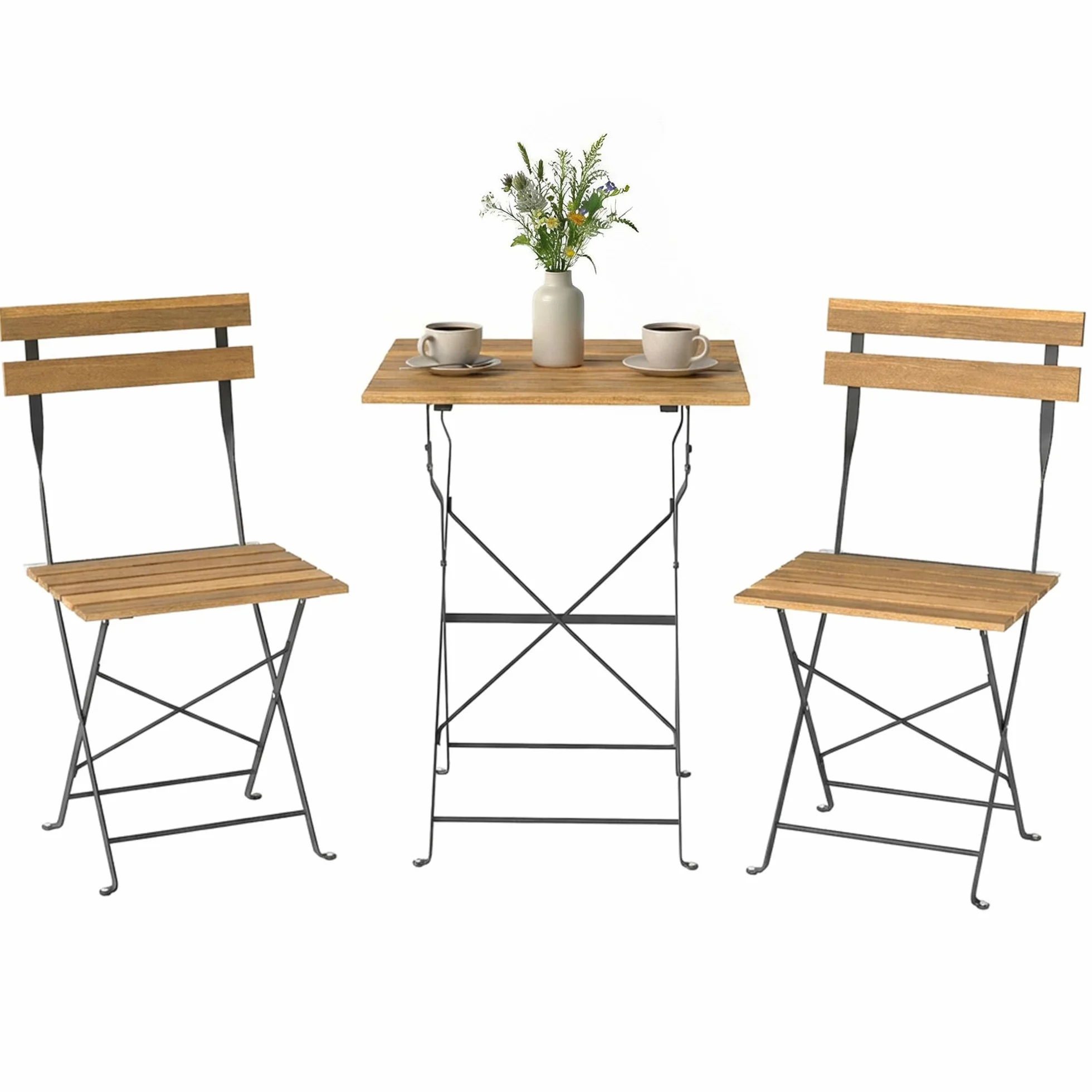 Outsunny Ensemble de Salon de Jardin 3 Pièces, Table Carrée en Bois d'Acacia, 2 Chaises Pliantes, Cadre Métal, Naturel