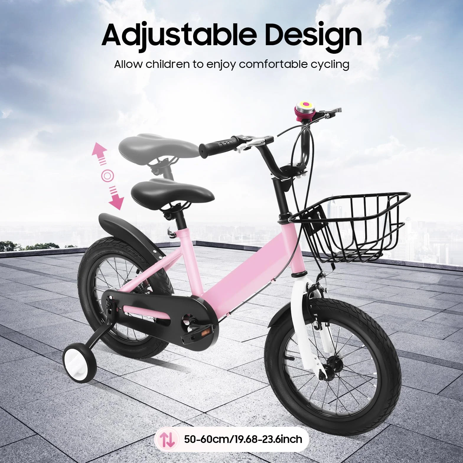 Vélo enfant 14" pour 3 à 5 ans | Roues stabilisatrices, panier et garde-boue avec | Siège réglable en hauteur | Pour filles et garçons | Rose