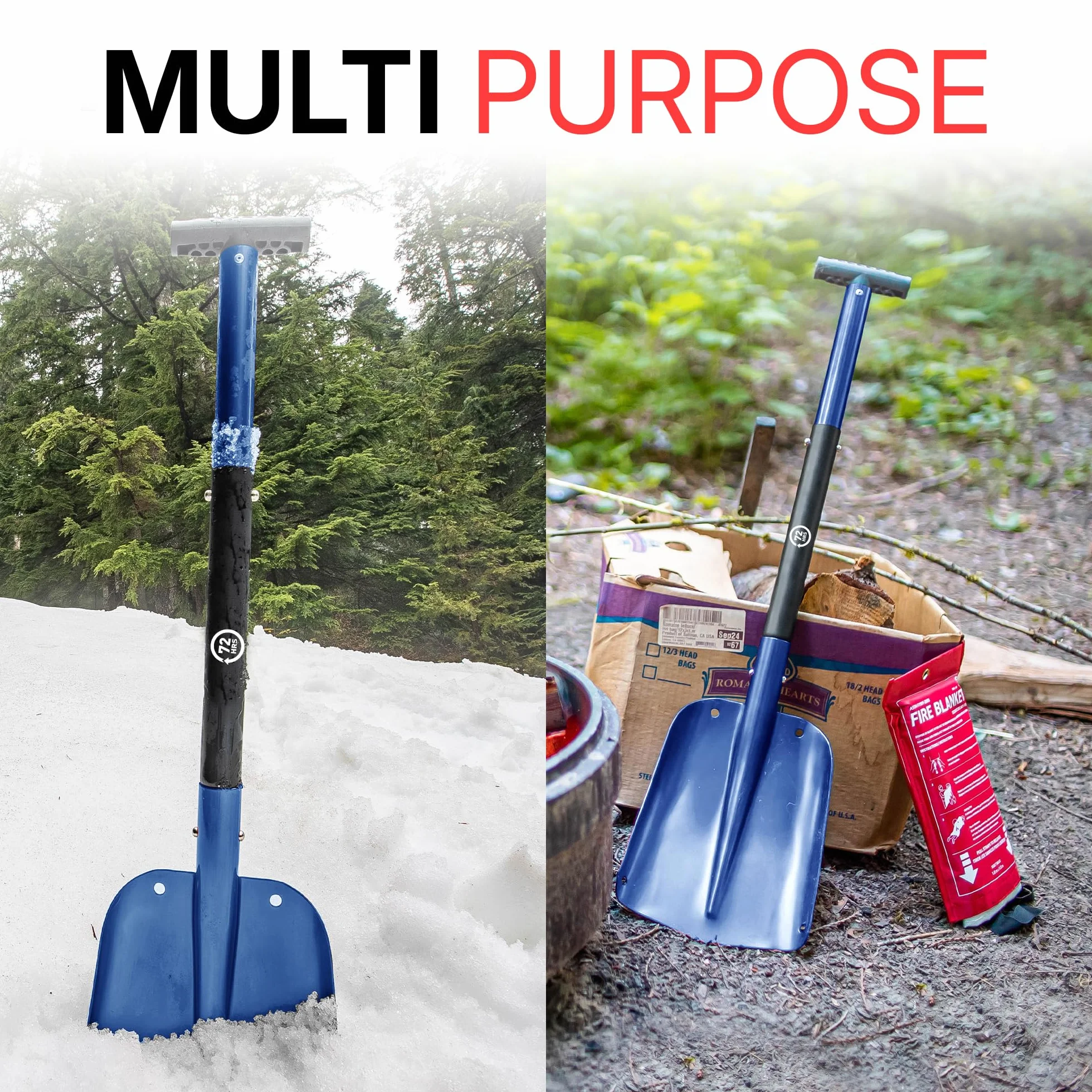 72 HRS Pelle à neige compacte pliable 3 en 1 en aluminium – Déneigement en hiver, kit d'urgence pour véhicule, voiture, camionnette, VUS, camion, motoneige, équipement de snowboard, camping, jardinage