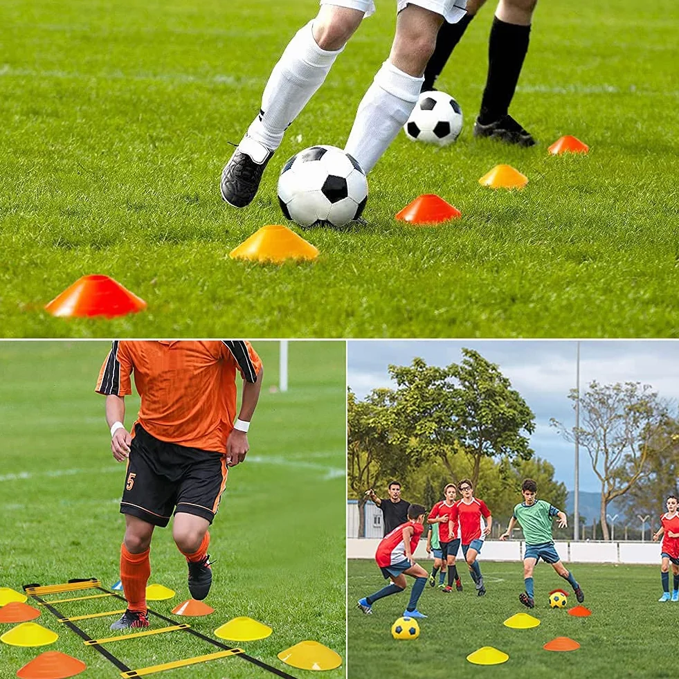 Football Entrainement Kit, Échelle de Rythme 6 Mètres, Football Kick Entraîneur Solo Entraînement, 12 Cônes de Disque, Ensemble d'entraînement de vitesse et d'agilité pour Enfants et Adultes