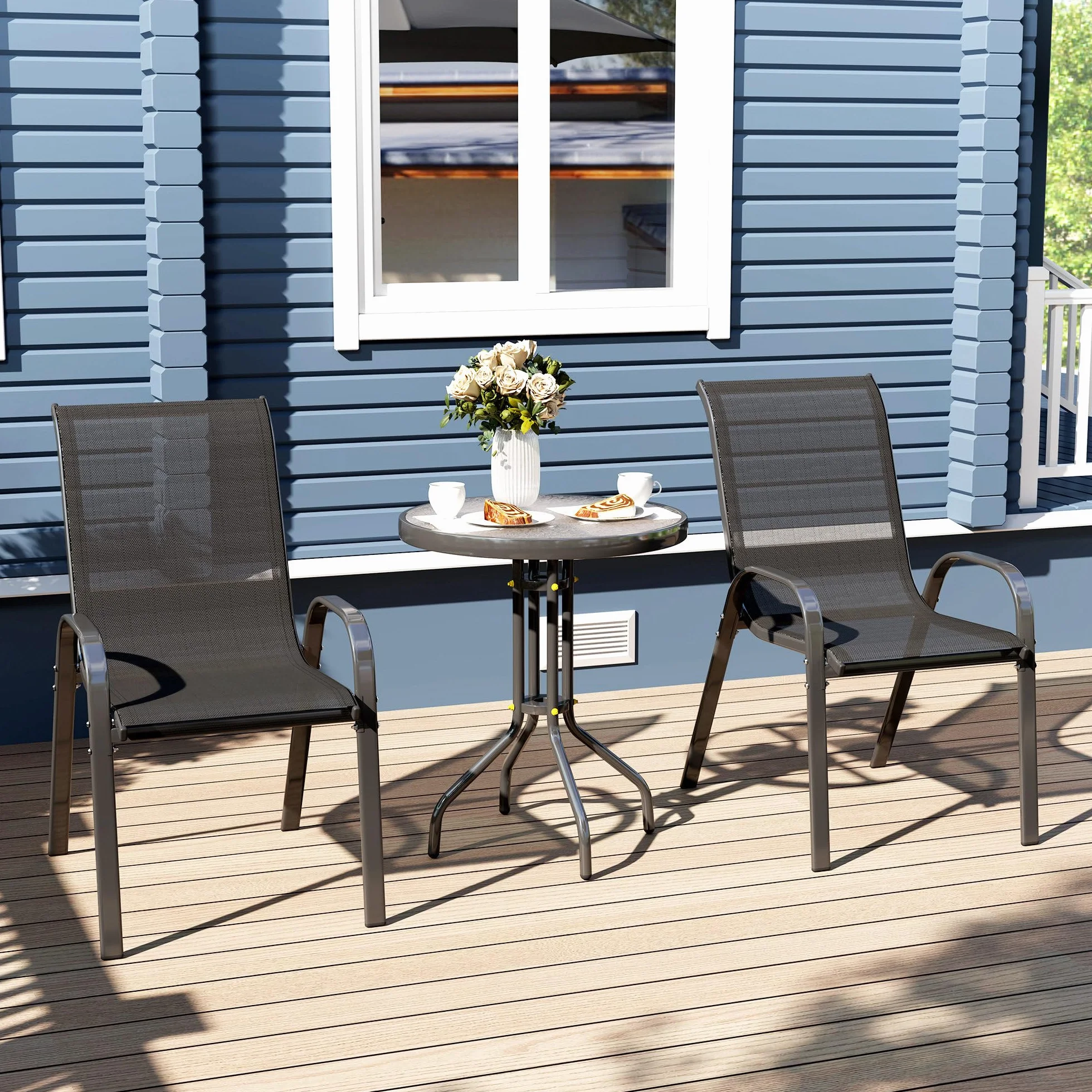 Outsunny 3 pièces Salon de Jardin extérieur Ensemble Meubles 2 fauteuils empilables Table Basse Verre trempé Tissu textilène Noir
