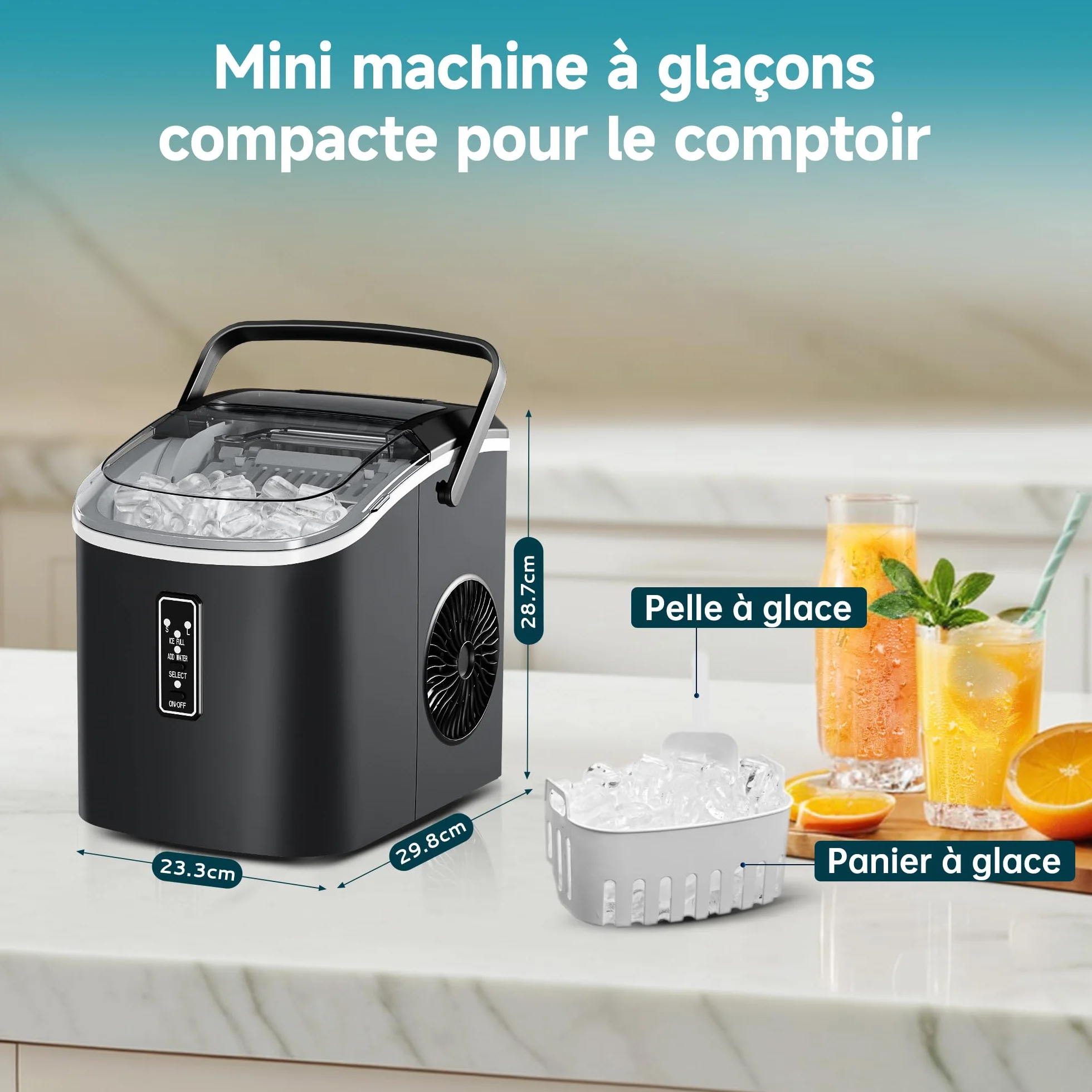 EUHOMY Petite machine à glaçons 12 kg/jour, 9 cubes en 6 min, autonettoyante, noire