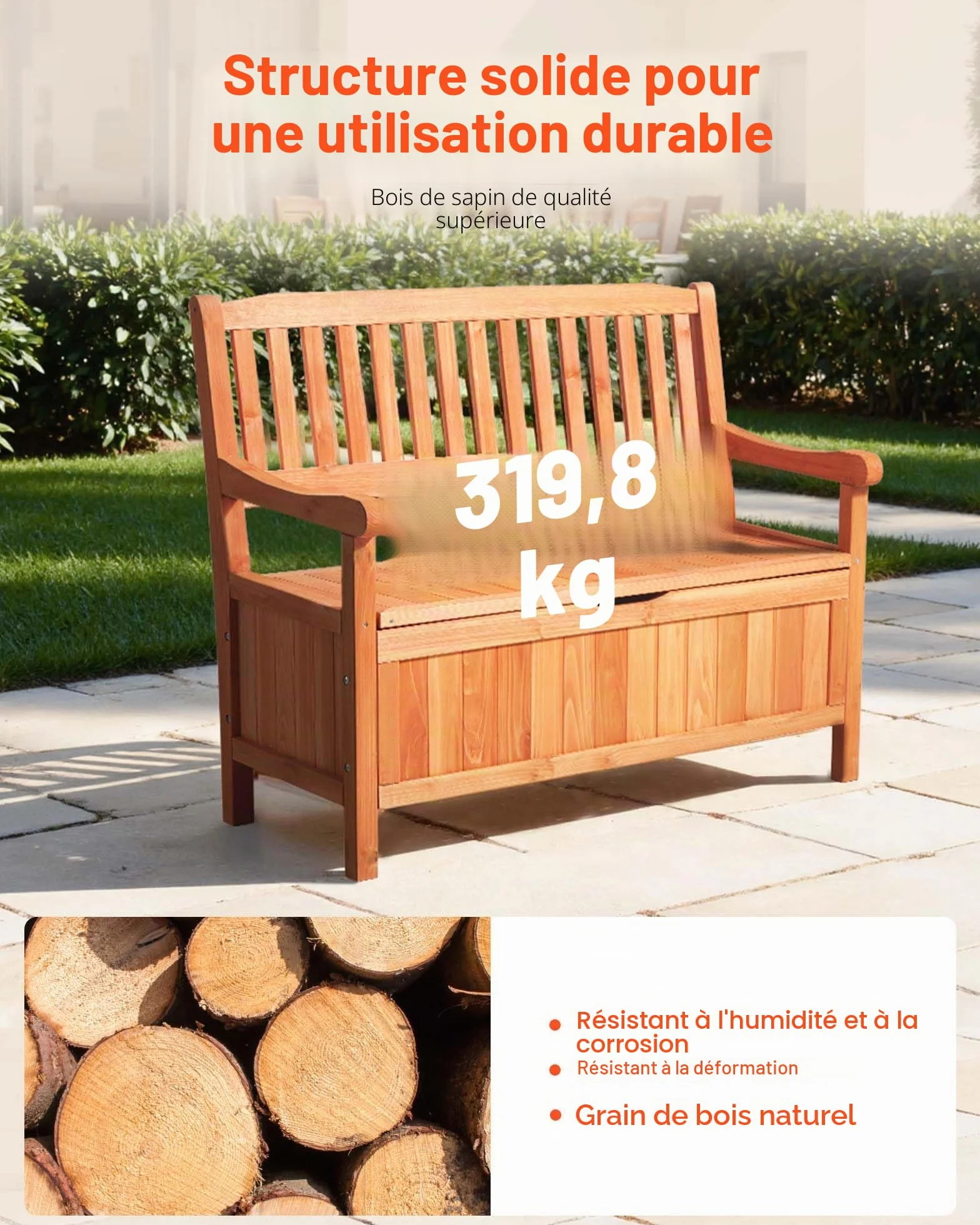 VEVOR Banc de Rangement Extérieur en Bois Coffre de Jardin 125 L 2 en 1 avec Poignée Latérale, Capacité de Charge 319,8 kg