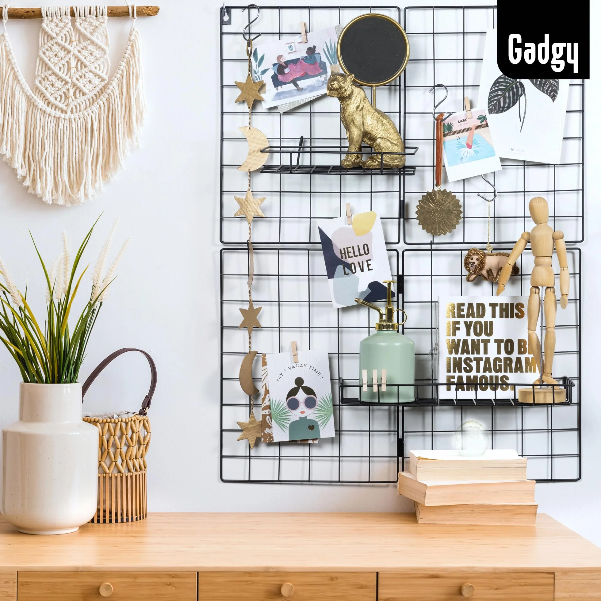 Gadgy Set de 2 Grilles Murales Métal Noir 60,5 x 79,5 cm - Organisateur Mural pour Bureau