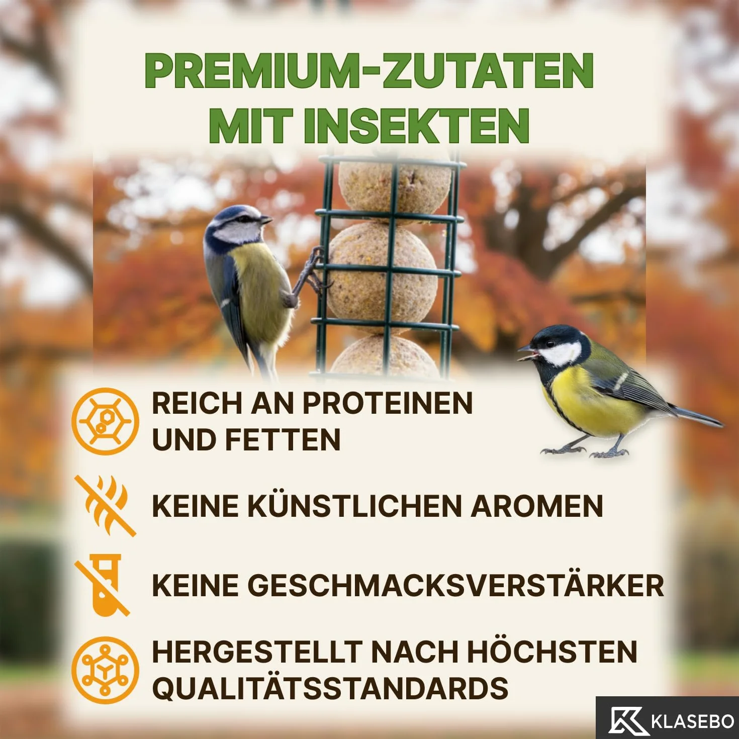KLASEBO Boules de Graisse Oiseaux avec Insectes, Lot de 200 x 90 g, sans Filet, Nourriture Exterieur
