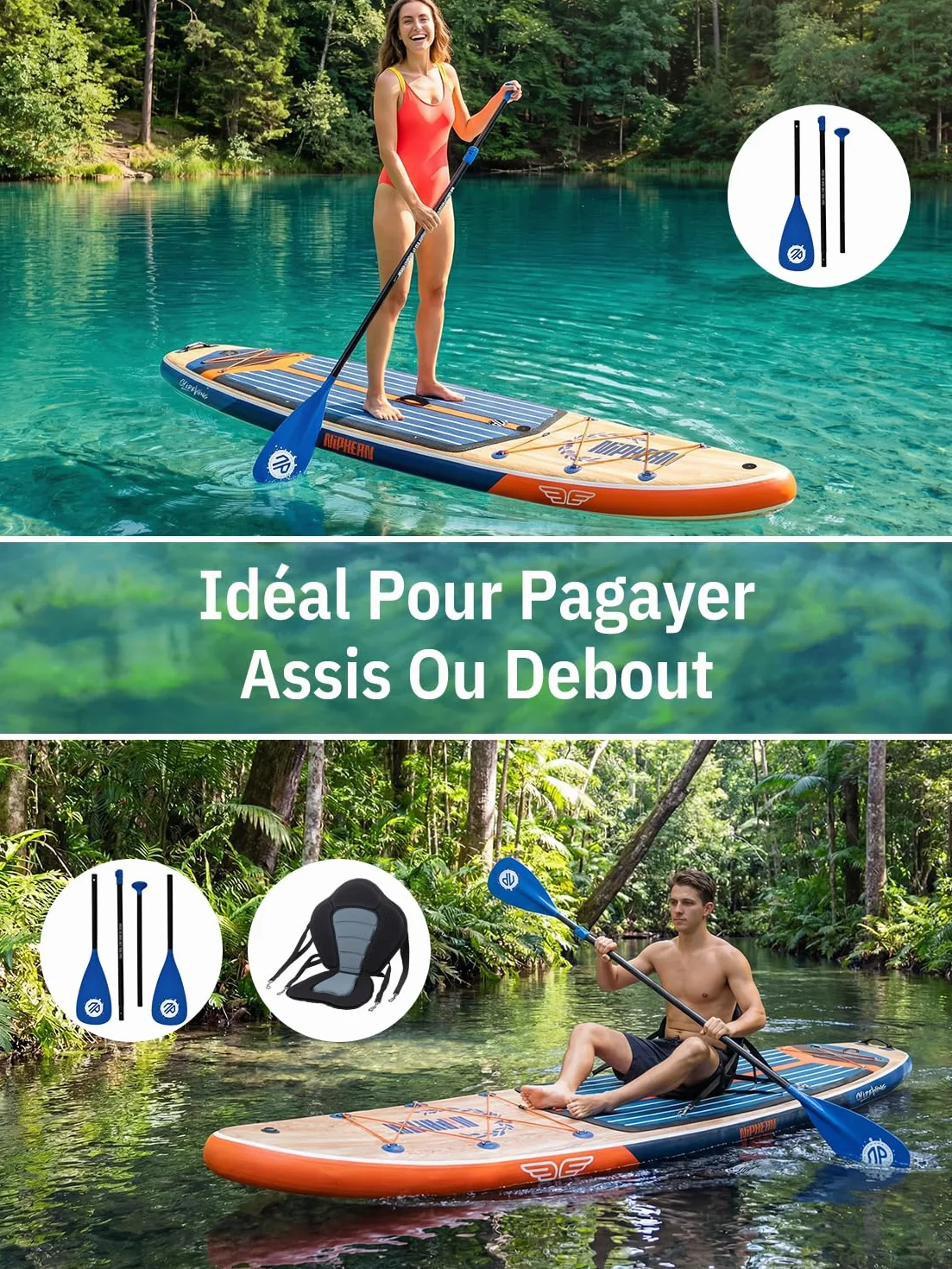 Niphean Extra Large Paddle Gonflable, Sup à 2+1 Personnes/Famille, Planches de Stand Up Paddle Gonflables avec (Idéal Débutant) Aileron Équilibré, Housse Étanche, Paddle Gonflable Adulte, Cadeaux